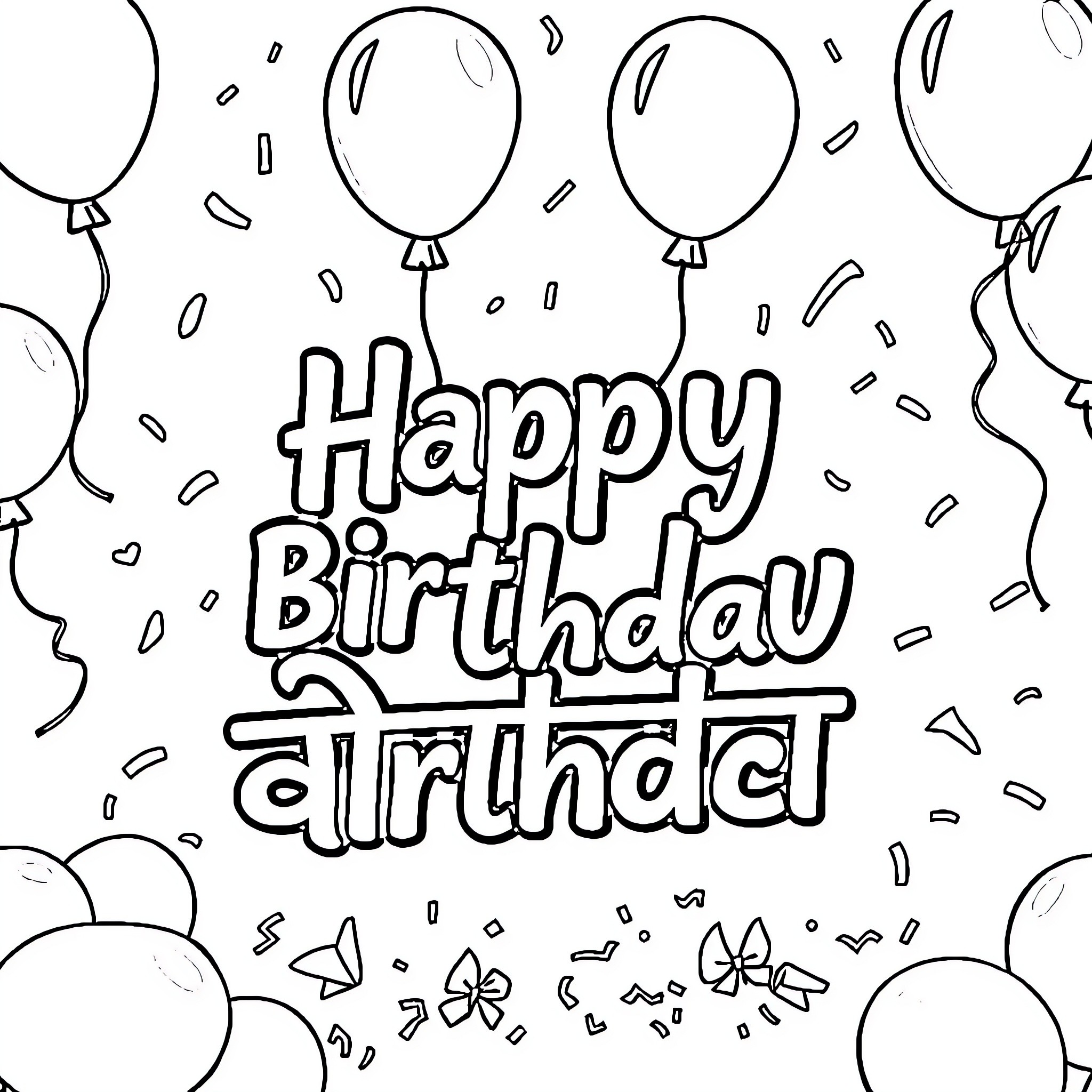 Birthday celebration with balloons and confetti Coloring Page (free black-and-white line drawing printable PDF for all, from beginners to advanced learners, including children, teens, adults, and seniors)