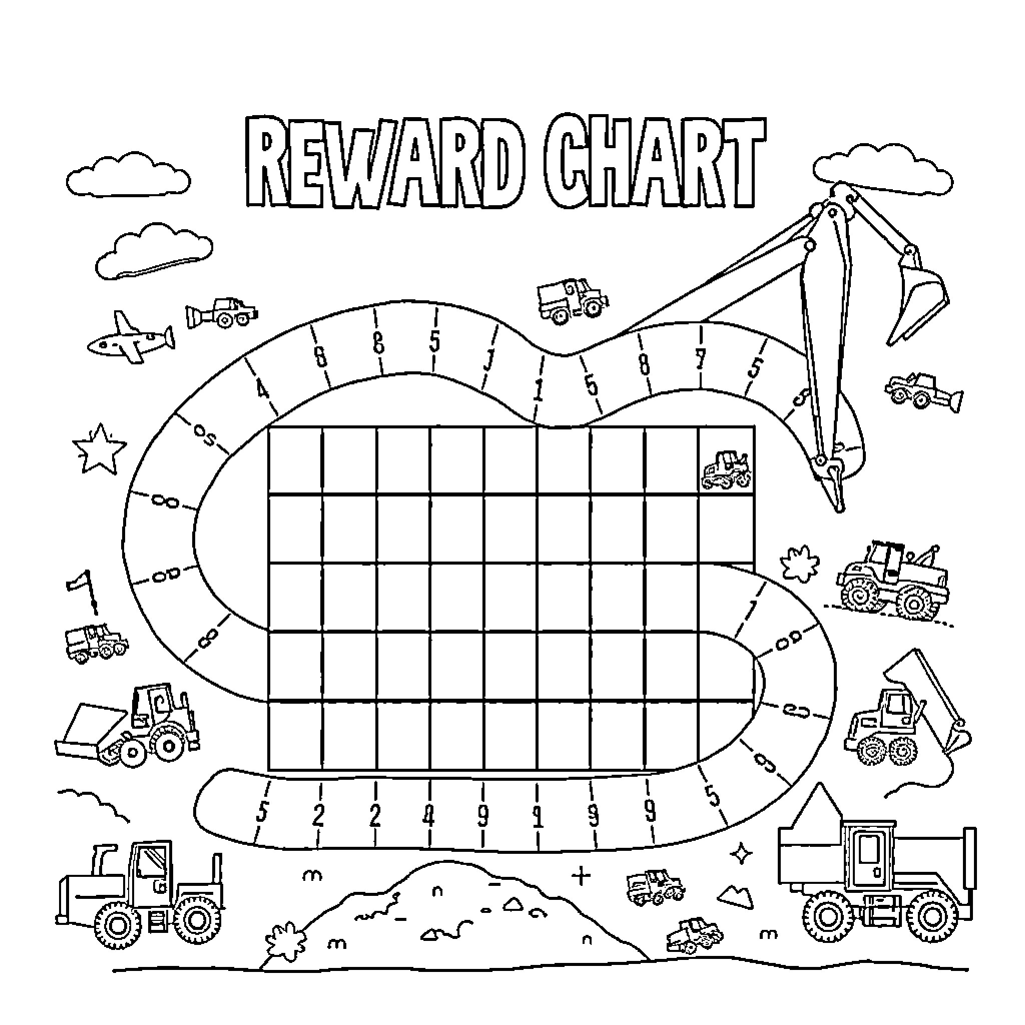 Excavator-themed reward chart for children Coloring Page (free black-and-white line drawing printable PDF for all, from beginners to advanced learners, including children, teens, adults, and seniors)