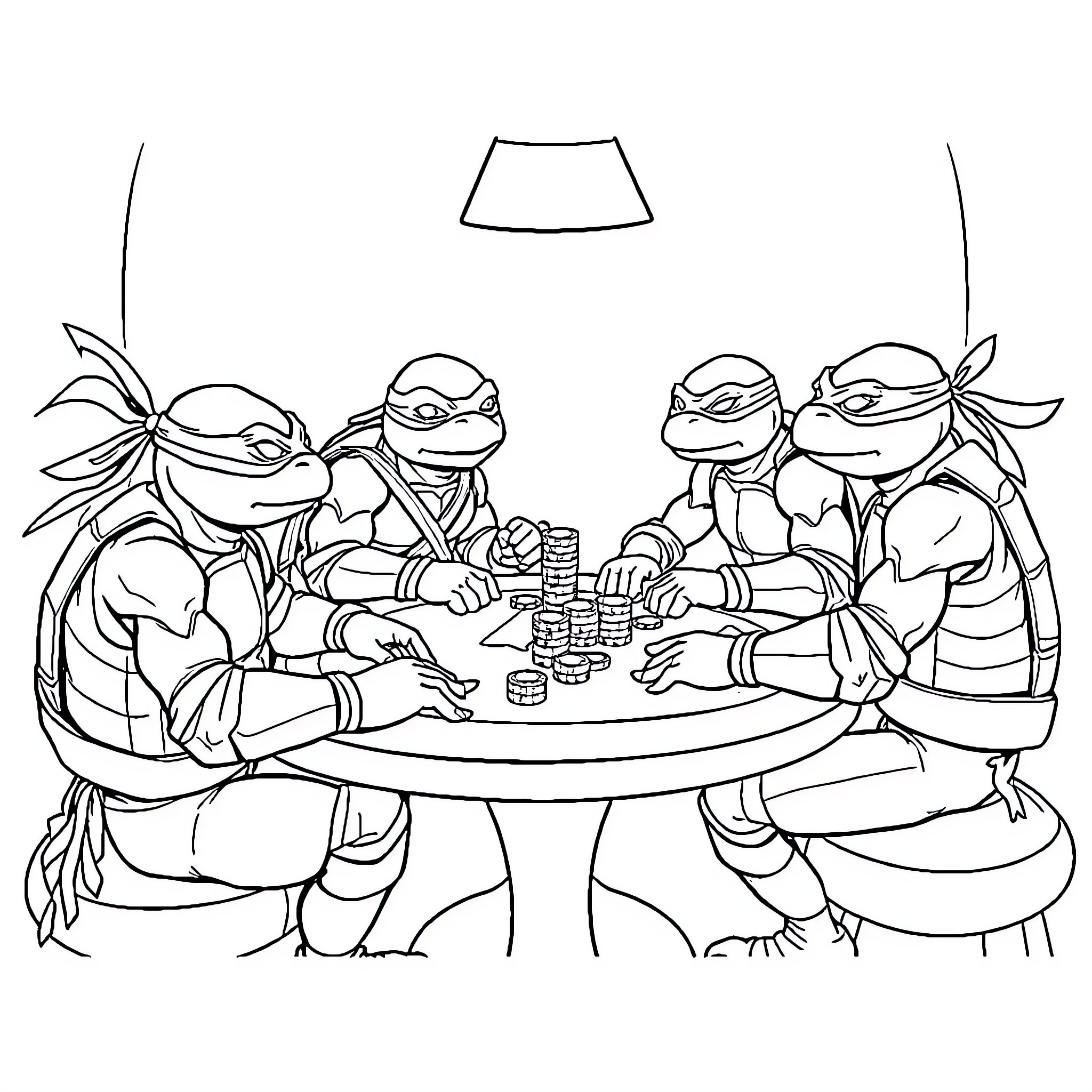 Ninja Turtles playing poker together Coloring Page (free black-and-white line drawing printable PDF for all, from beginners to advanced learners, including children, teens, adults, and seniors)