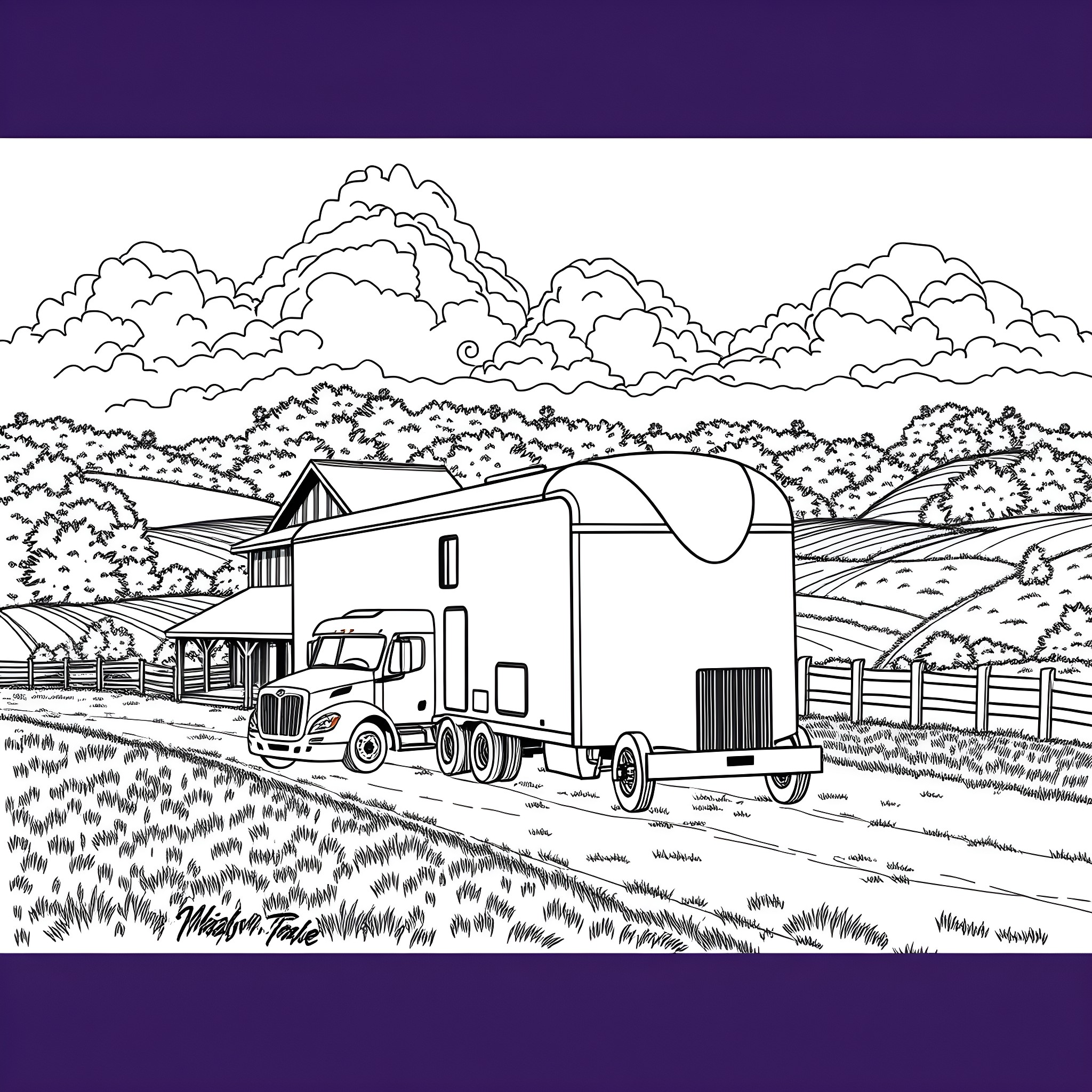 Gooseneck Trailer hauling on the rural countryside road Coloring Page (free black-and-white line drawing printable PDF for all, from beginners to advanced learners, including children, teens, adults, and seniors)