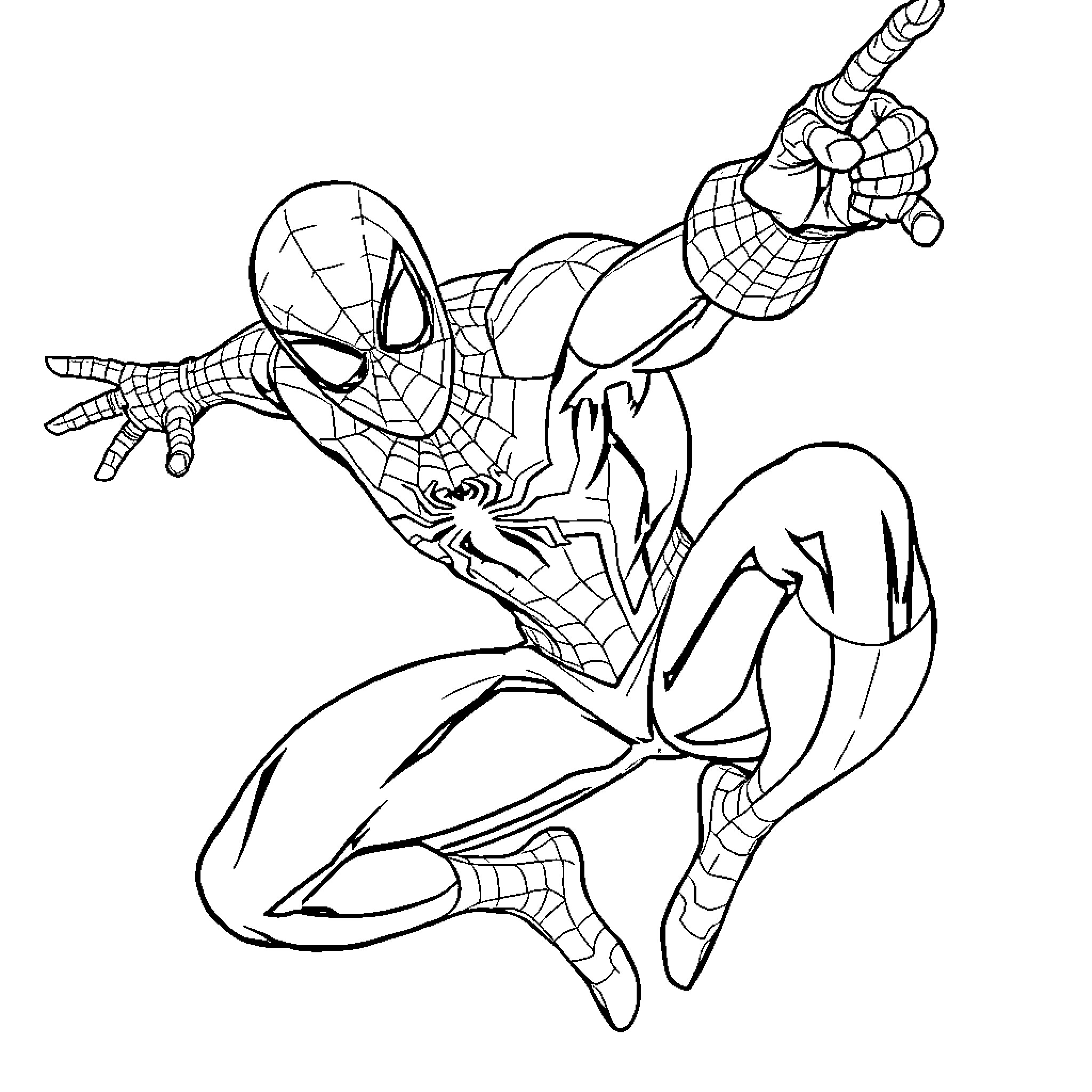 Spiderman swinging into action with web-slinging heroics Coloring Page (free black-and-white line drawing printable PDF for all, from beginners to advanced learners, including children, teens, adults, and seniors)