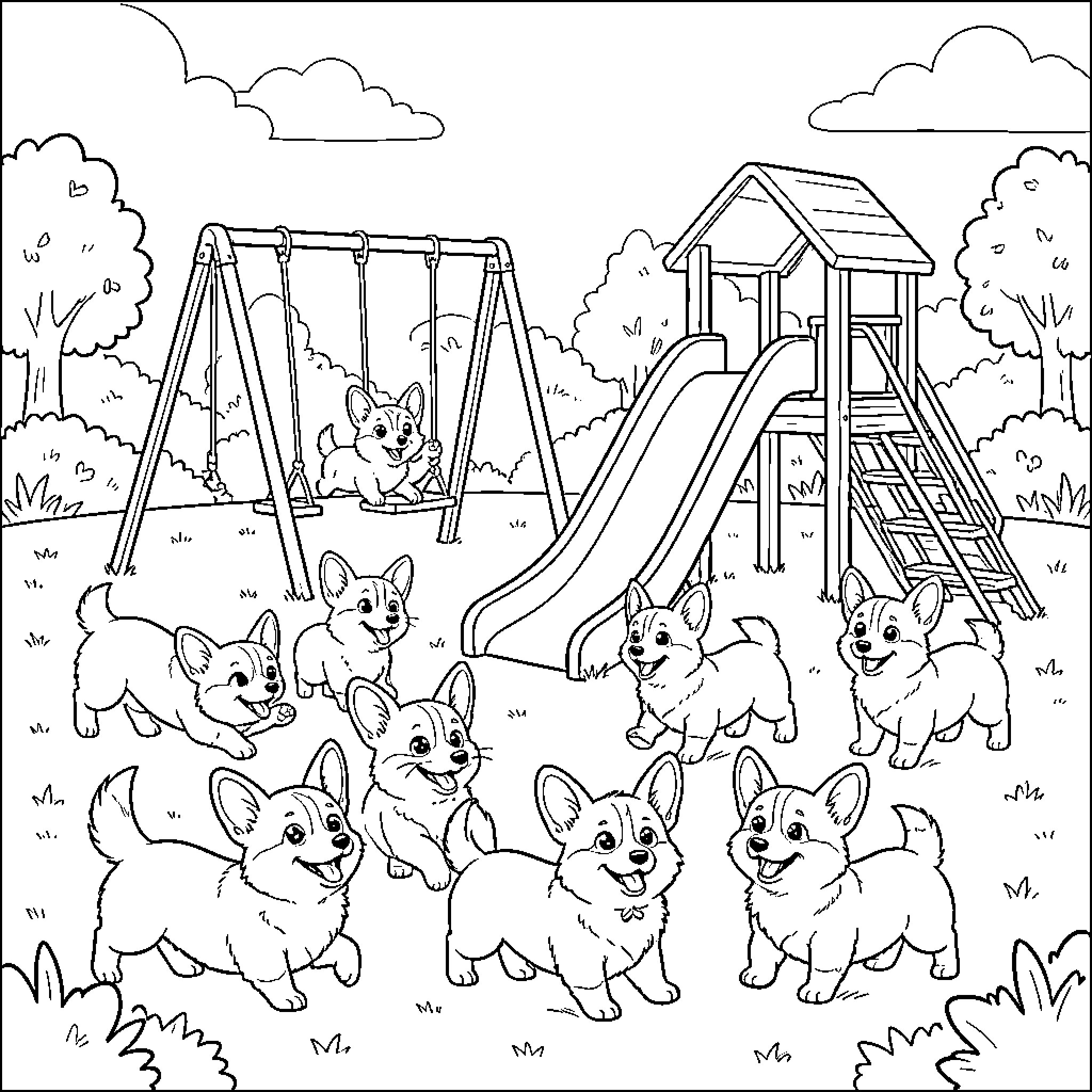 Corgi dogs playing joyfully at the playground Coloring Page (free black-and-white line drawing printable PDF for all, from beginners to advanced learners, including children, teens, adults, and seniors)