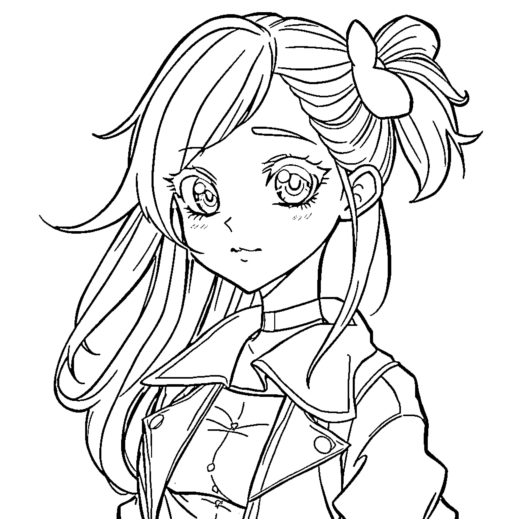 Anime Girl with Flowing Hairstyle and Ribbons Coloring Page (free black-and-white line drawing printable PDF for all, from beginners to advanced learners, including children, teens, adults, and seniors)