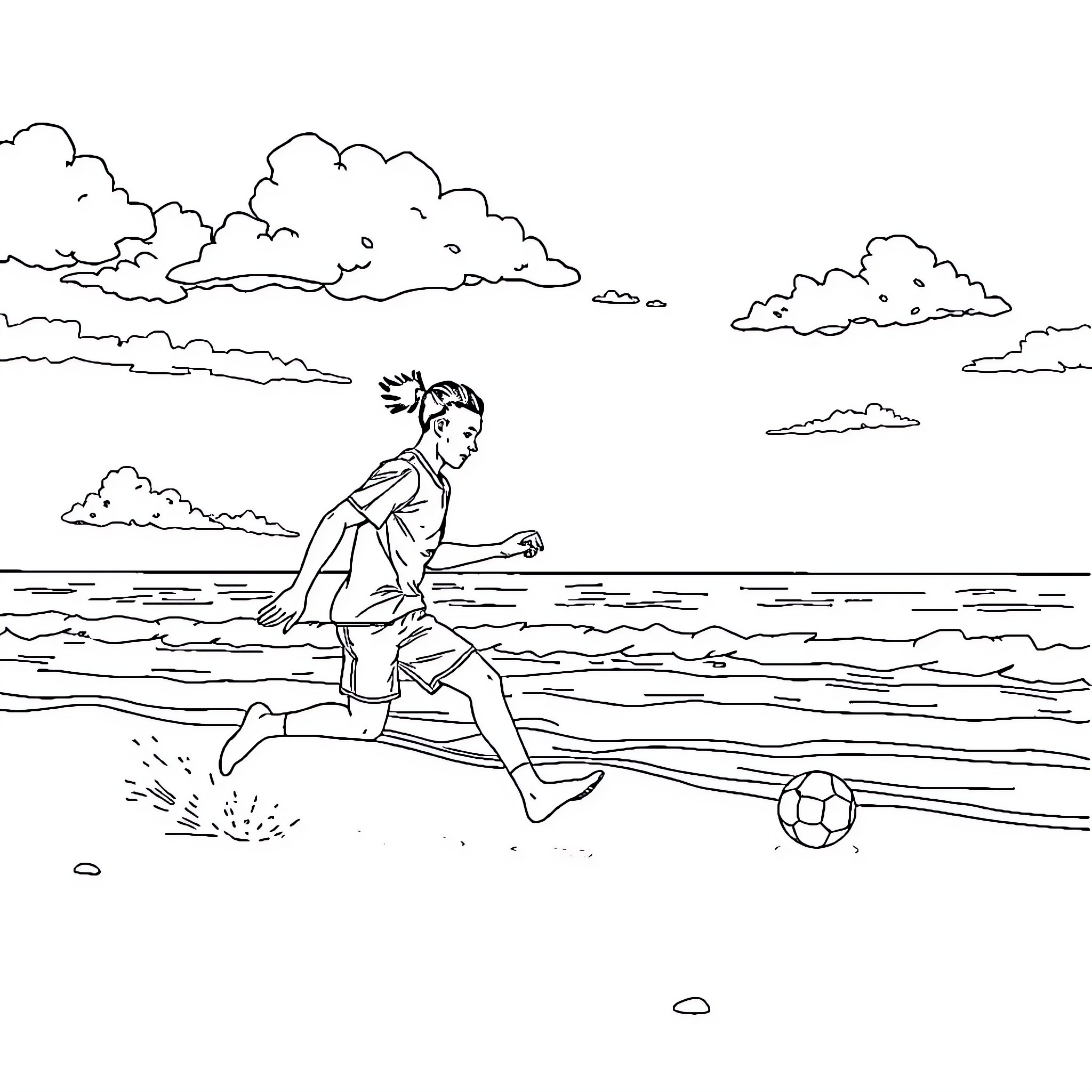 Lamine Yamal running and kicking a soccer ball on the beach Coloring Page (free black-and-white line drawing printable PDF for all, from beginners to advanced learners, including children, teens, adults, and seniors)