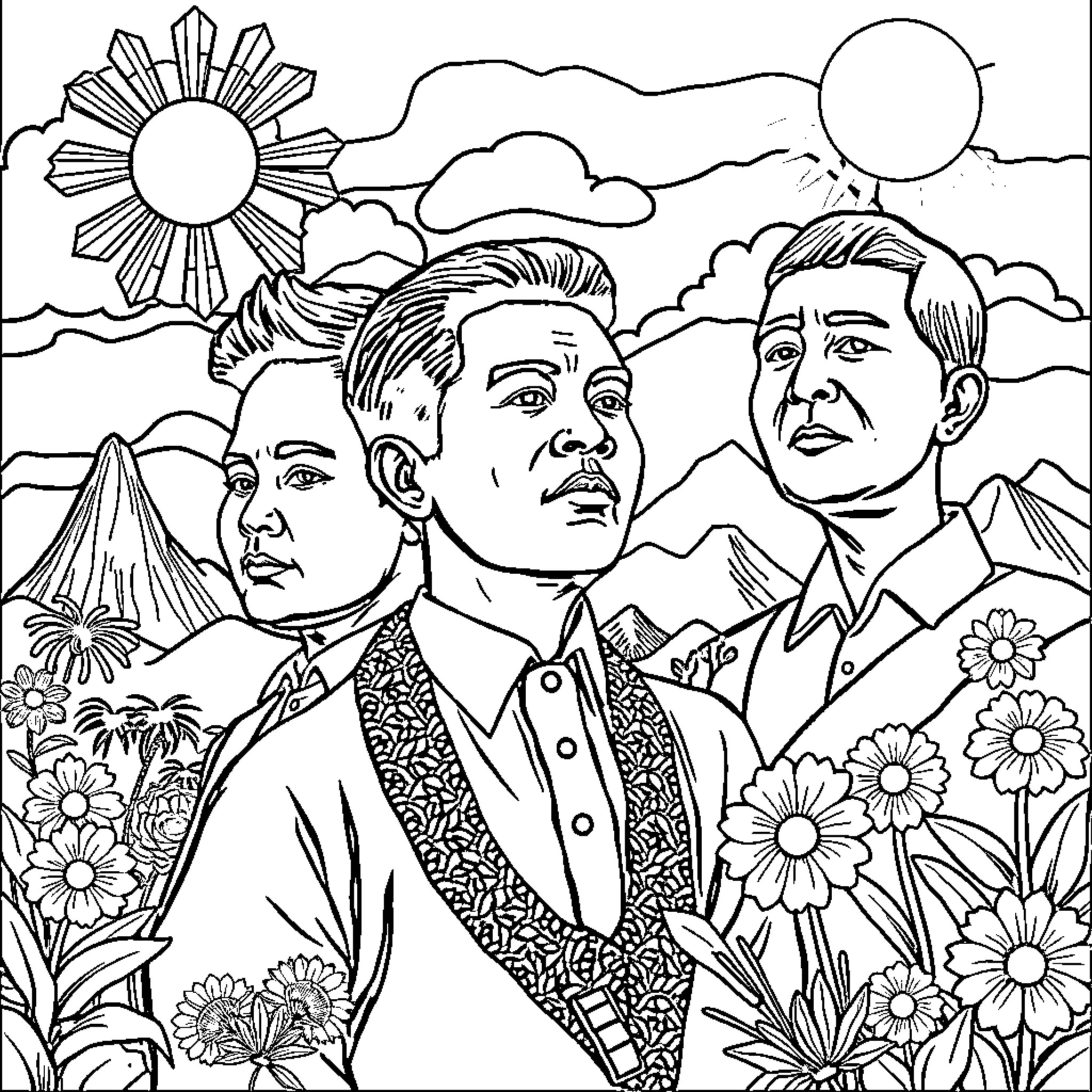 Heroes in Floral Landscape Coloring Page (free black-and-white line drawing printable PDF for all, from beginners to advanced learners, including children, teens, adults, and seniors)