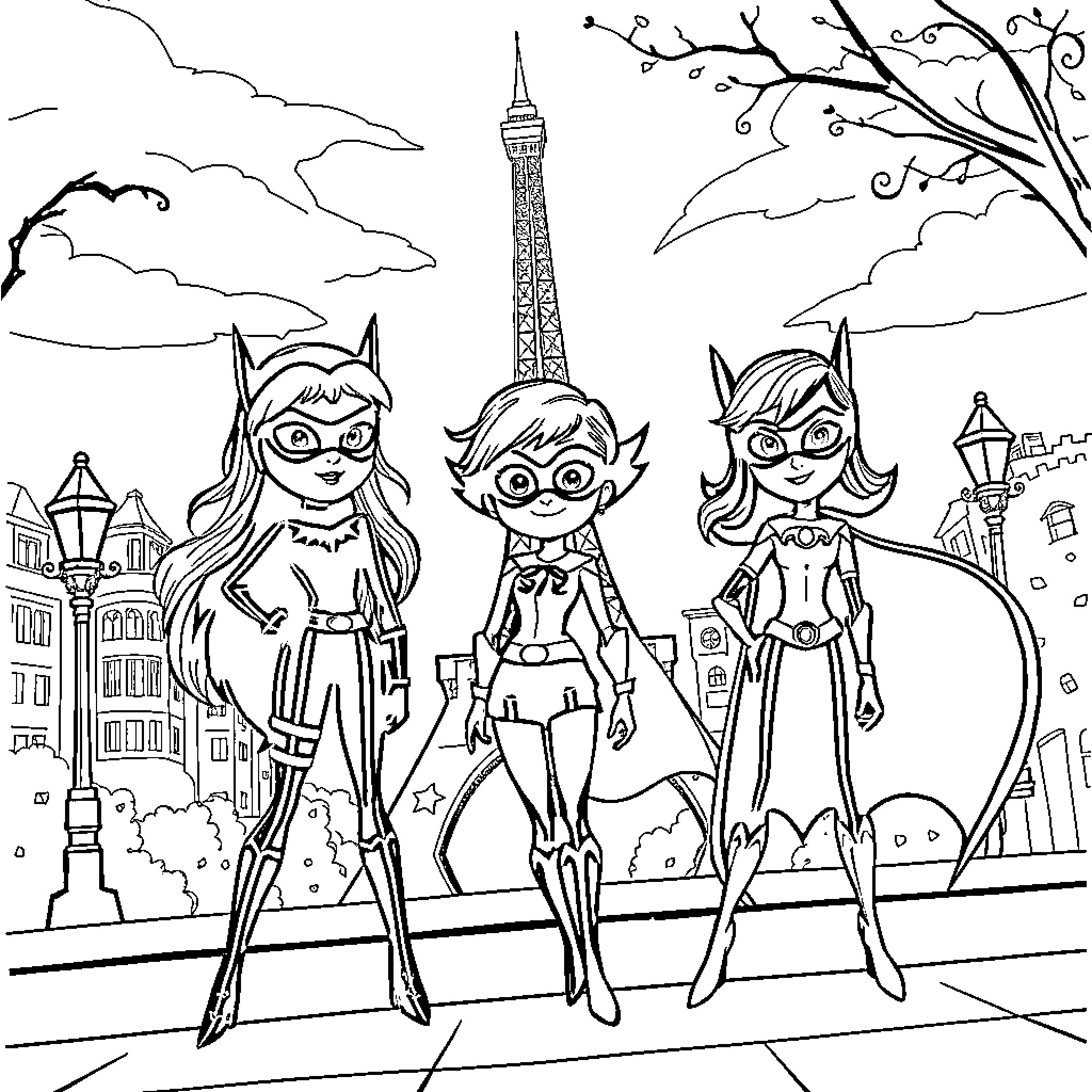 Miraculous Heroes in the City of Lights Coloring Page (free black-and-white line drawing printable PDF for all, from beginners to advanced learners, including children, teens, adults, and seniors)