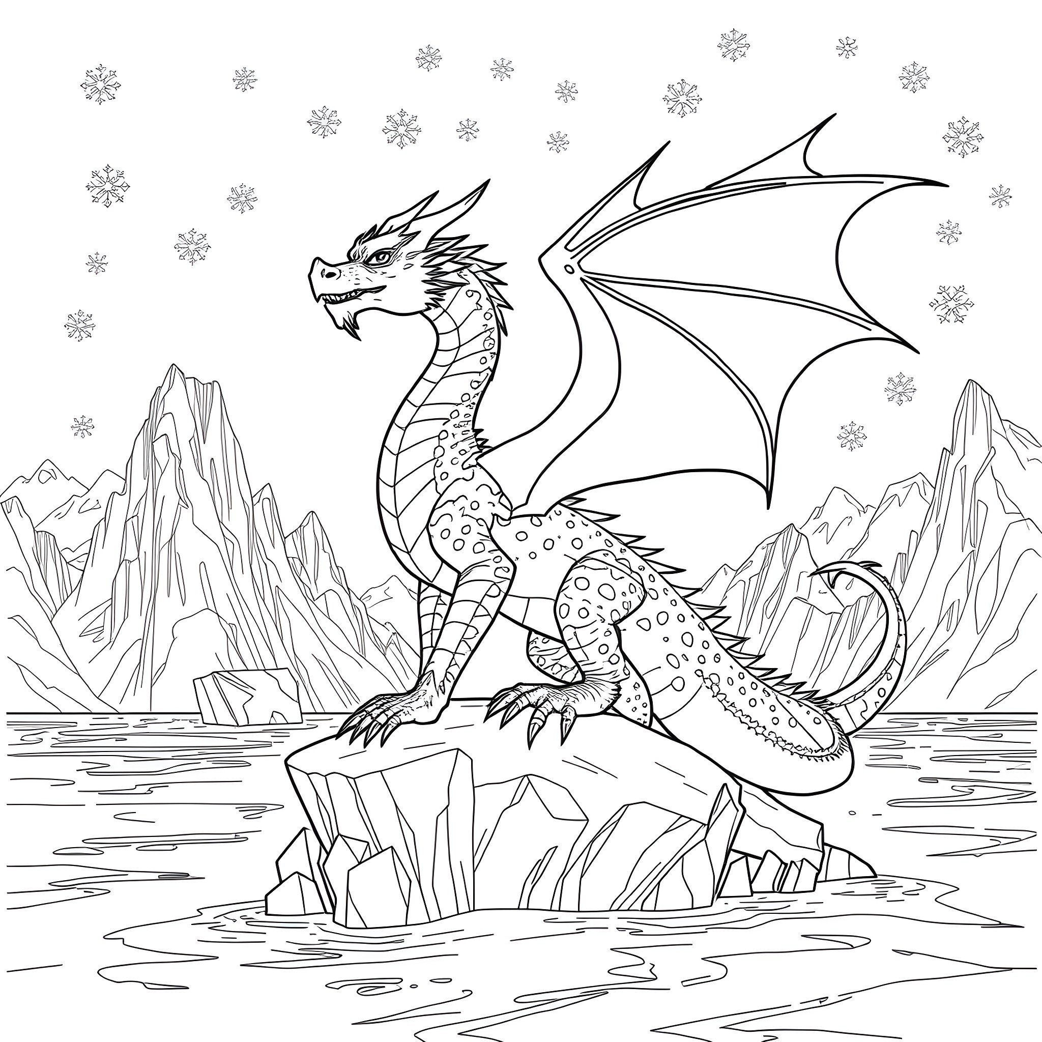 Dragon soaring gracefully over snow-capped mountains Coloring Page (free black-and-white line drawing printable PDF for all, from beginners to advanced learners, including children, teens, adults, and seniors)