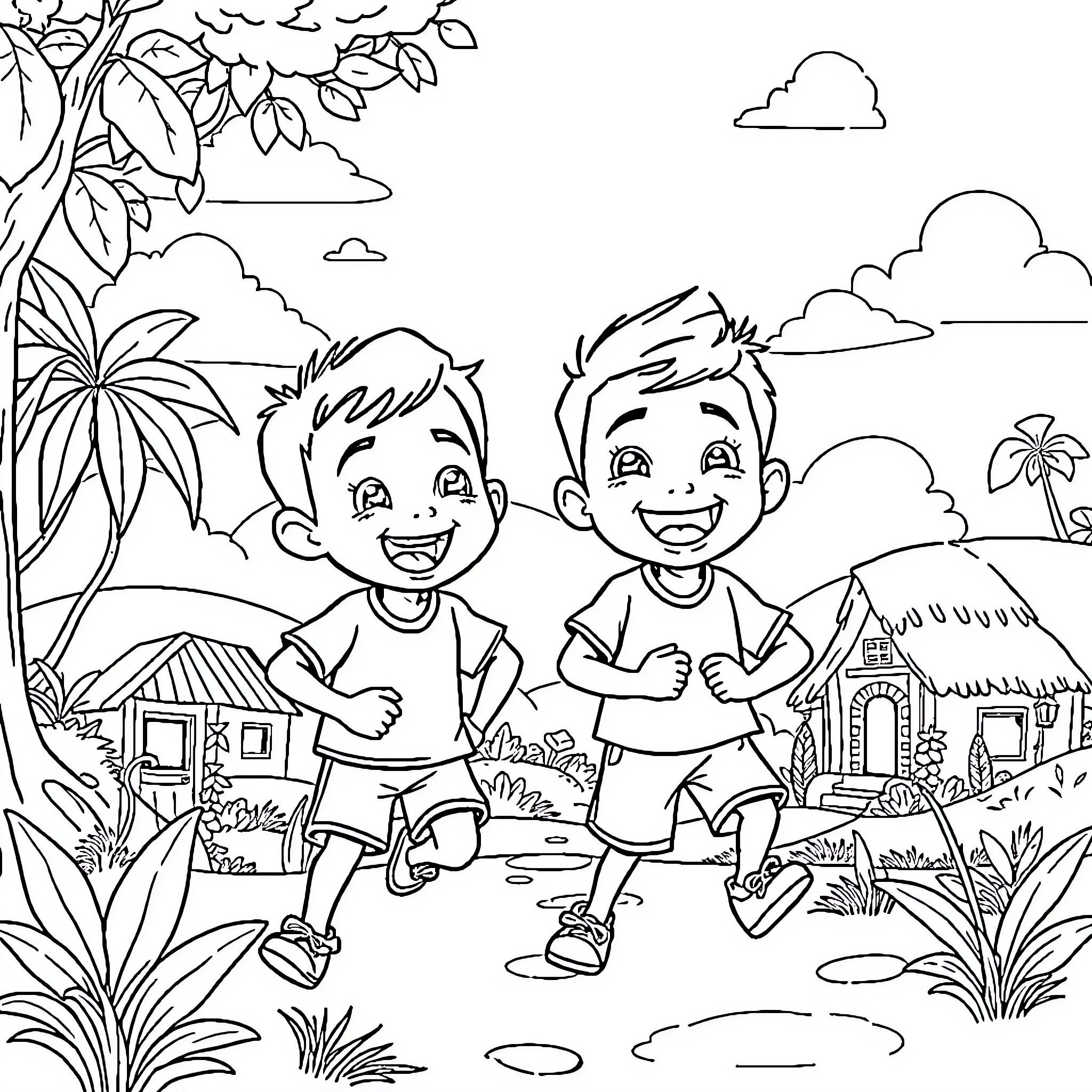 Upin and Ipin Playing in the Tropical Landscape Coloring Page (free black-and-white line drawing printable PDF for all, from beginners to advanced learners, including children, teens, adults, and seniors)