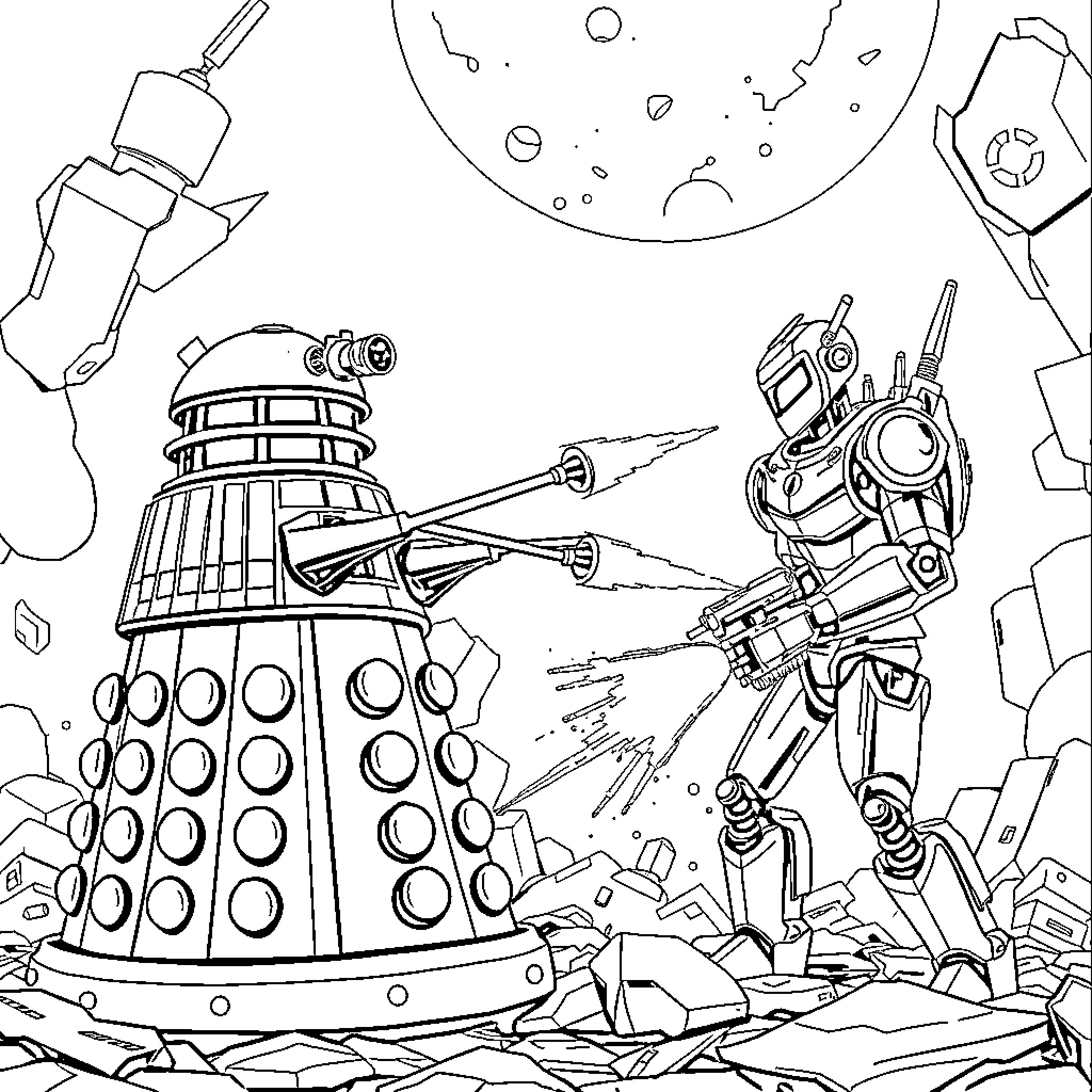 Daleks engaging in battle on alien landscape Coloring Page (free black-and-white line drawing printable PDF for all, from beginners to advanced learners, including children, teens, adults, and seniors)