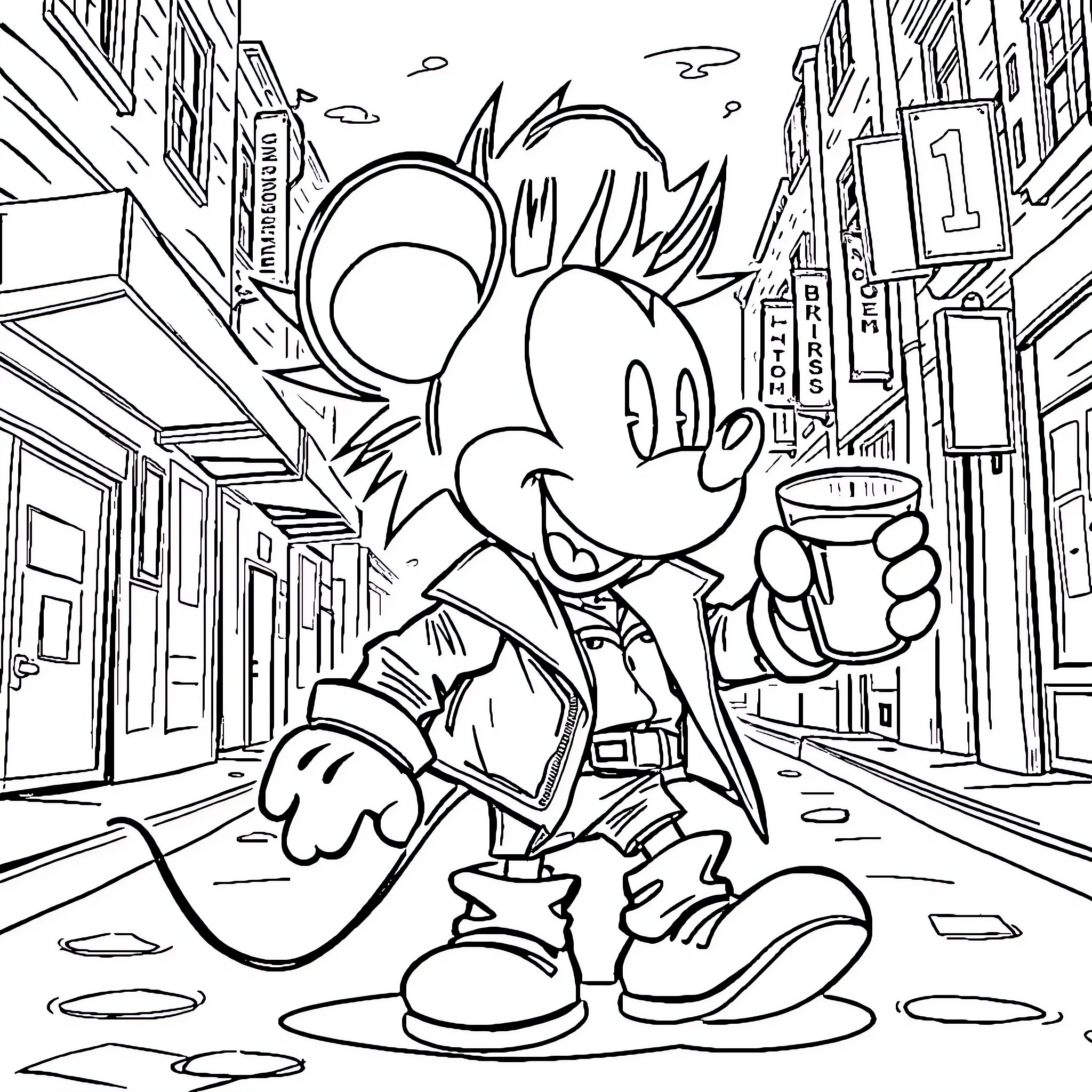 Mickey Mouse exploring the city streets Coloring Page (free black-and-white line drawing printable PDF for all, from beginners to advanced learners, including children, teens, adults, and seniors)