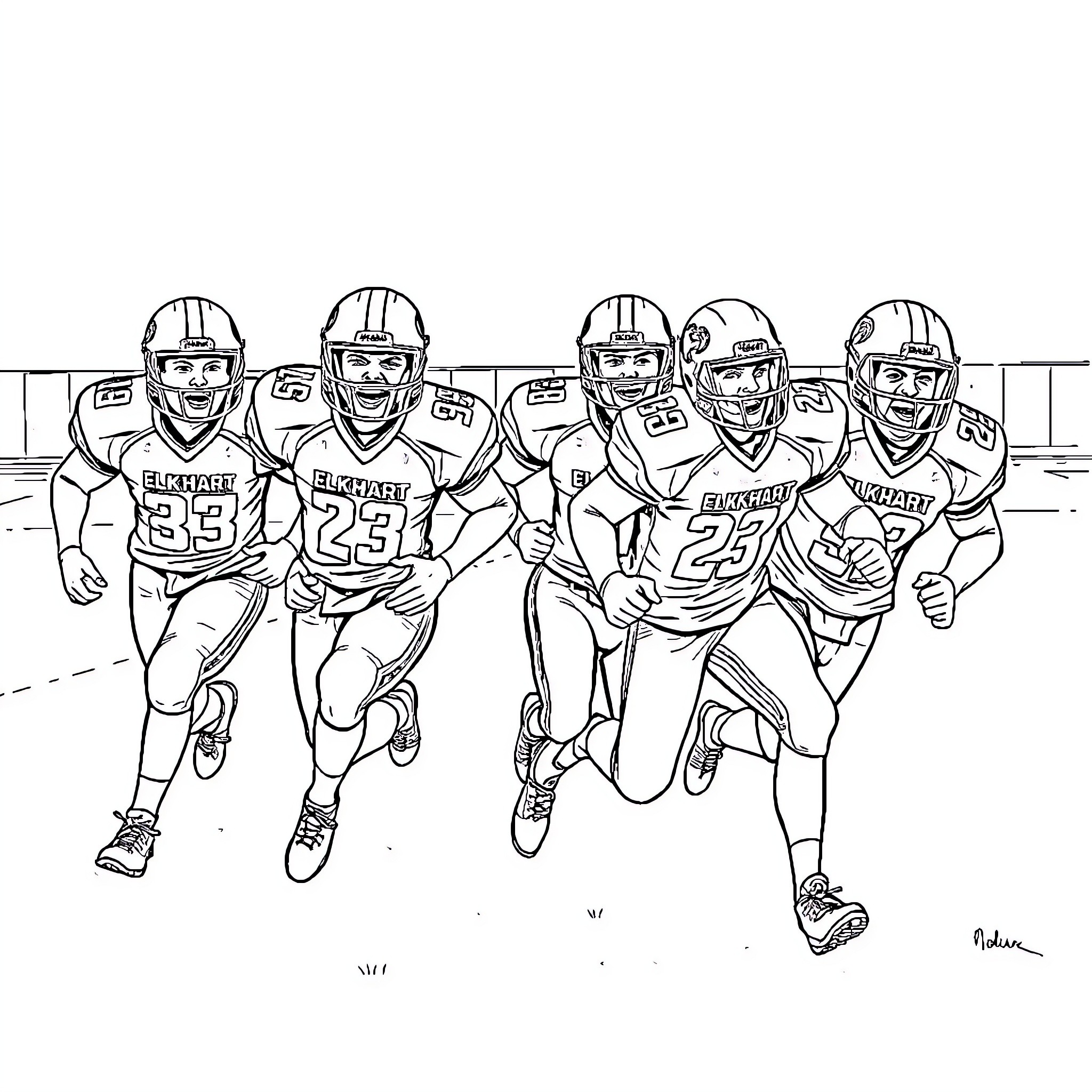 Football Players Rushing Down the Field Coloring Page (free black-and-white line drawing printable PDF for all, from beginners to advanced learners, including children, teens, adults, and seniors)