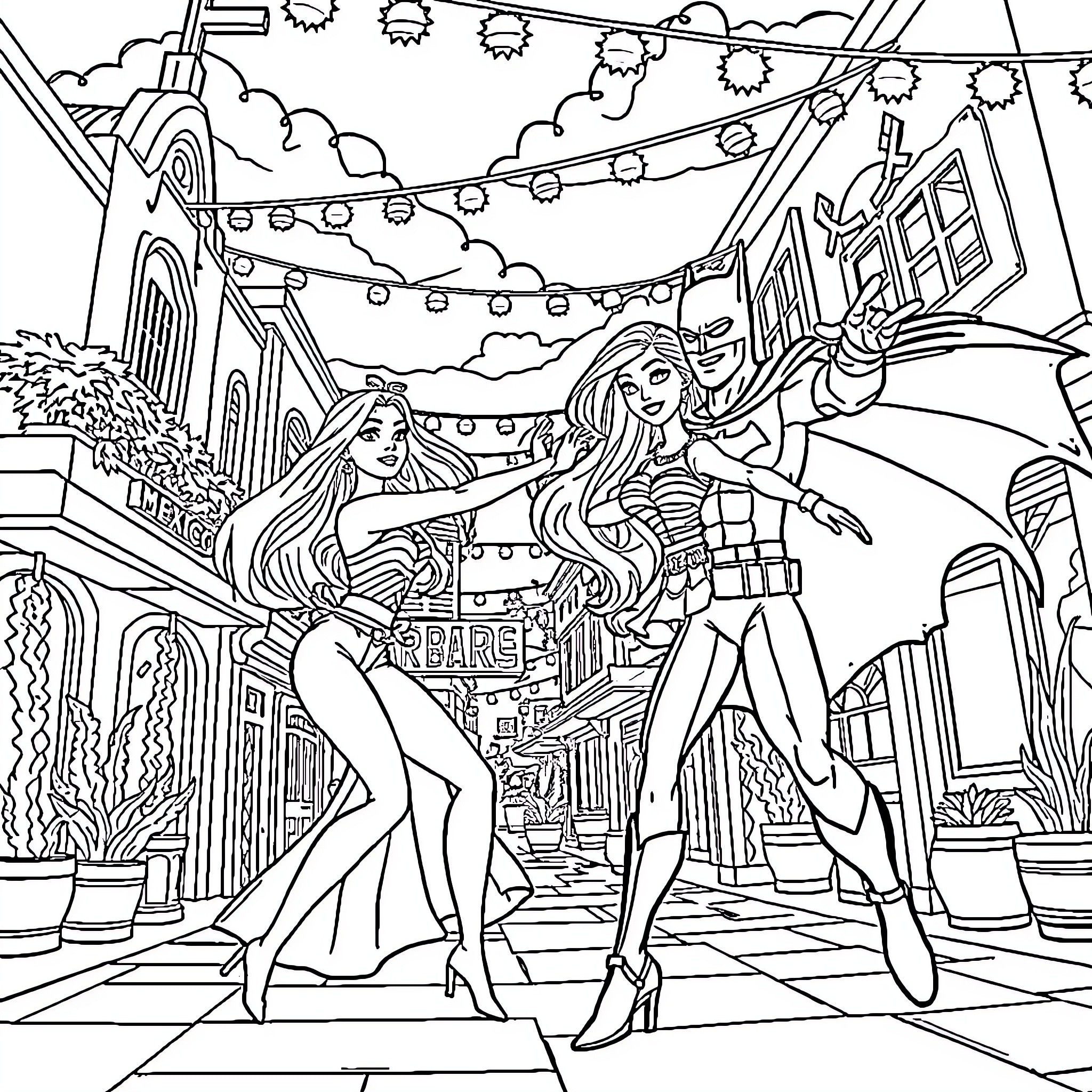 Barbie friends having fun at the carnival Coloring Page (free black-and-white line drawing printable PDF for all, from beginners to advanced learners, including children, teens, adults, and seniors)