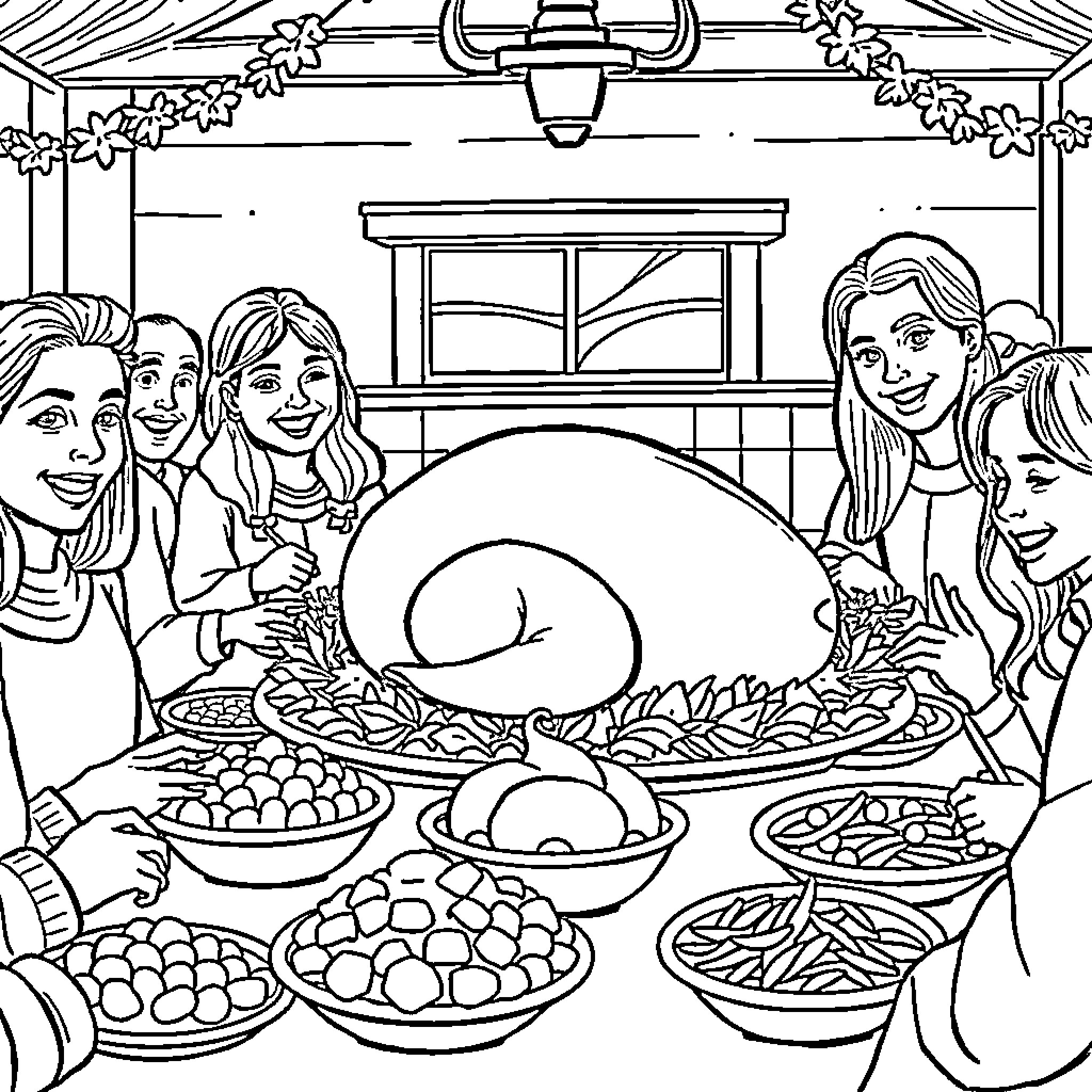 Thanksgiving Dinner with Family Gathered Around the Table Coloring Page (free black-and-white line drawing printable PDF for all, from beginners to advanced learners, including children, teens, adults, and seniors)