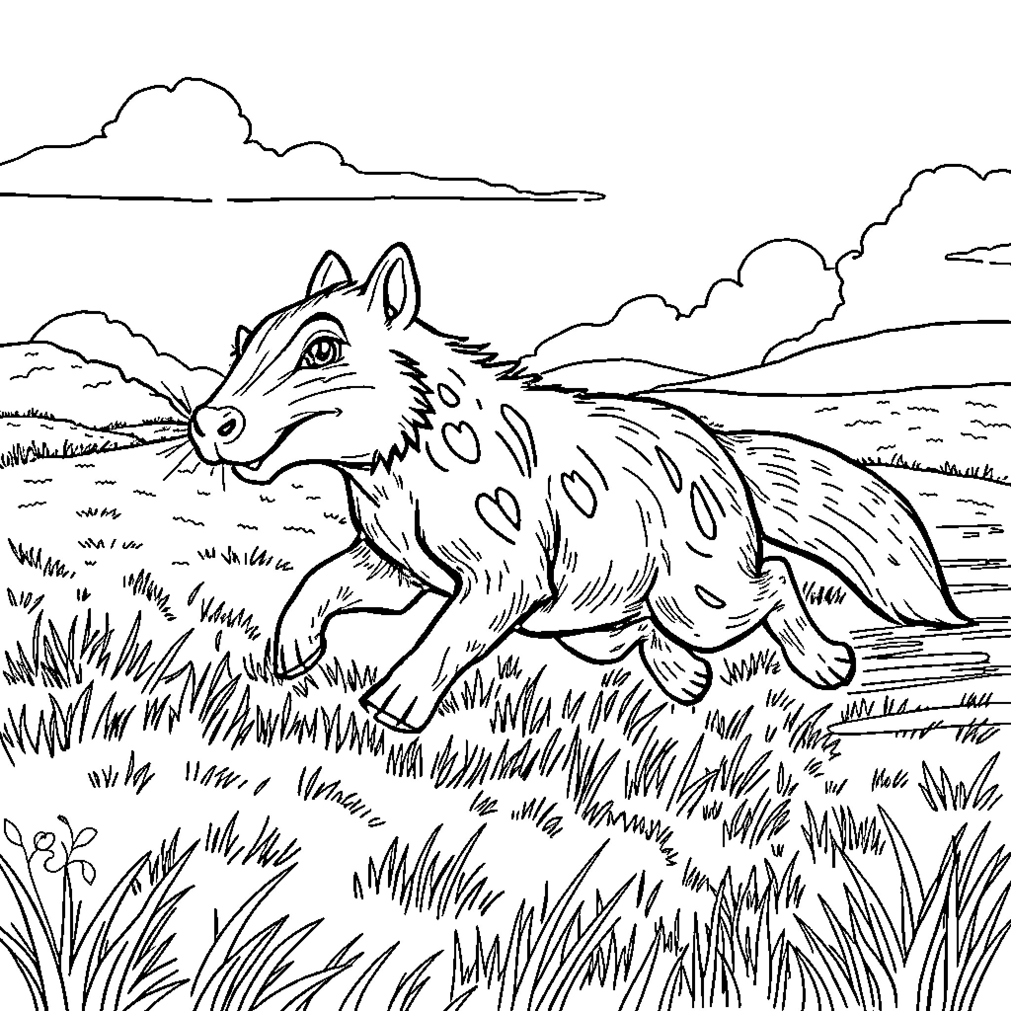 Pig running through grassy field with clouds Coloring Page (free black-and-white line drawing printable PDF for all, from beginners to advanced learners, including children, teens, adults, and seniors)