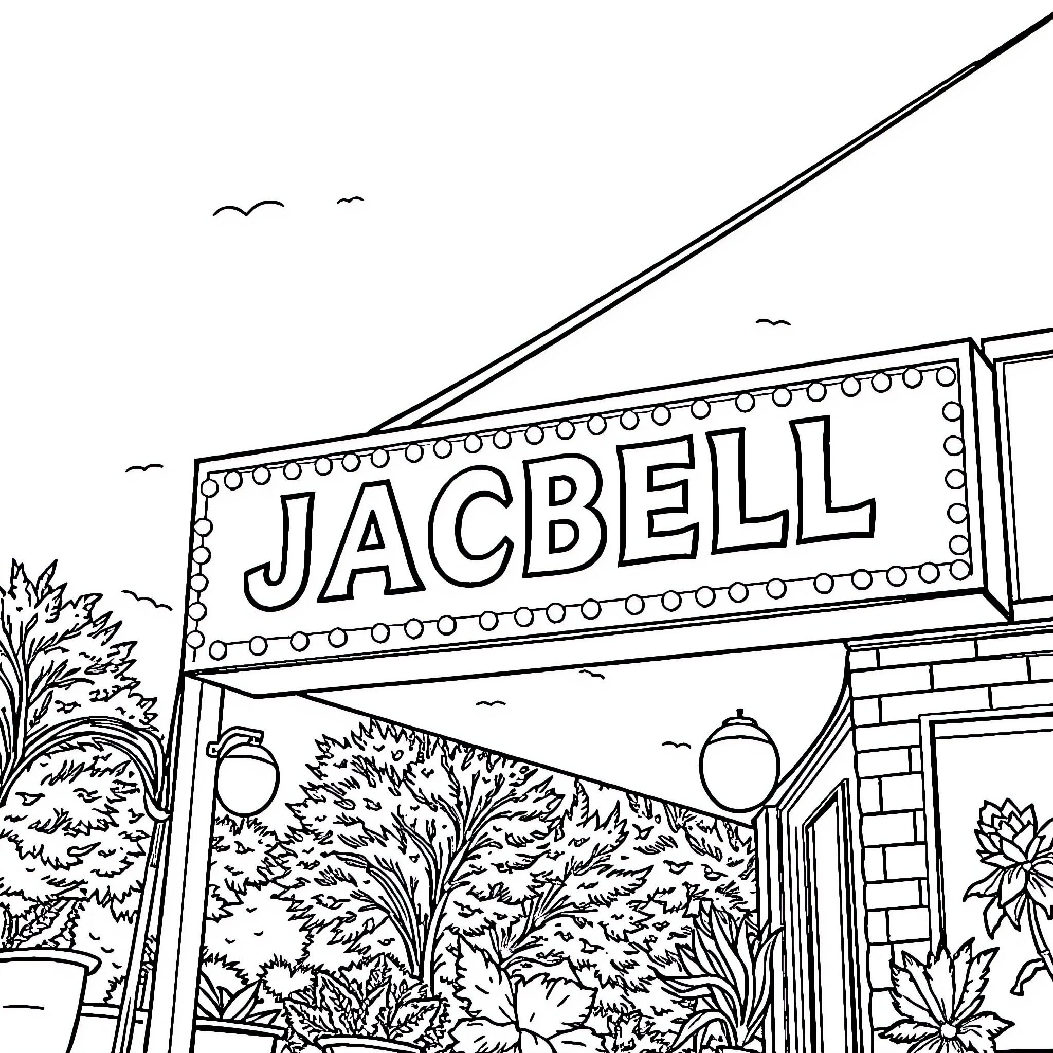 JACBELL Store Entrance with Floral Decor Coloring Page (free black-and-white line drawing printable PDF for all, from beginners to advanced learners, including children, teens, adults, and seniors)