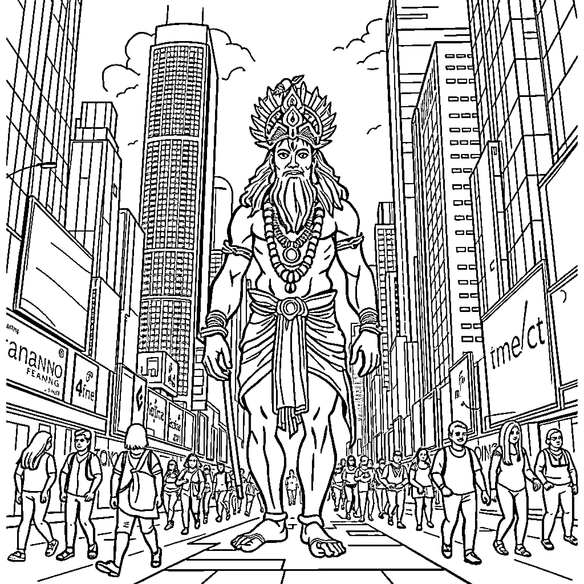 Hanuman, the Mighty Protector, Stands Tall in the City Coloring Page (free black-and-white line drawing printable PDF for all, from beginners to advanced learners, including children, teens, adults, and seniors)