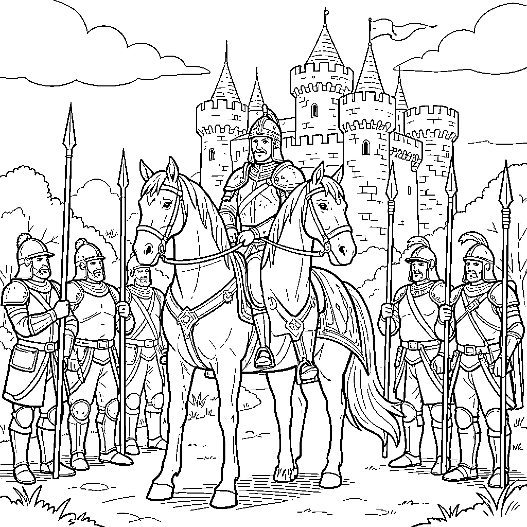 Roi and his knights guarding a majestic castle Coloring Page (free black-and-white line drawing printable PDF for all, from beginners to advanced learners, including children, teens, adults, and seniors)