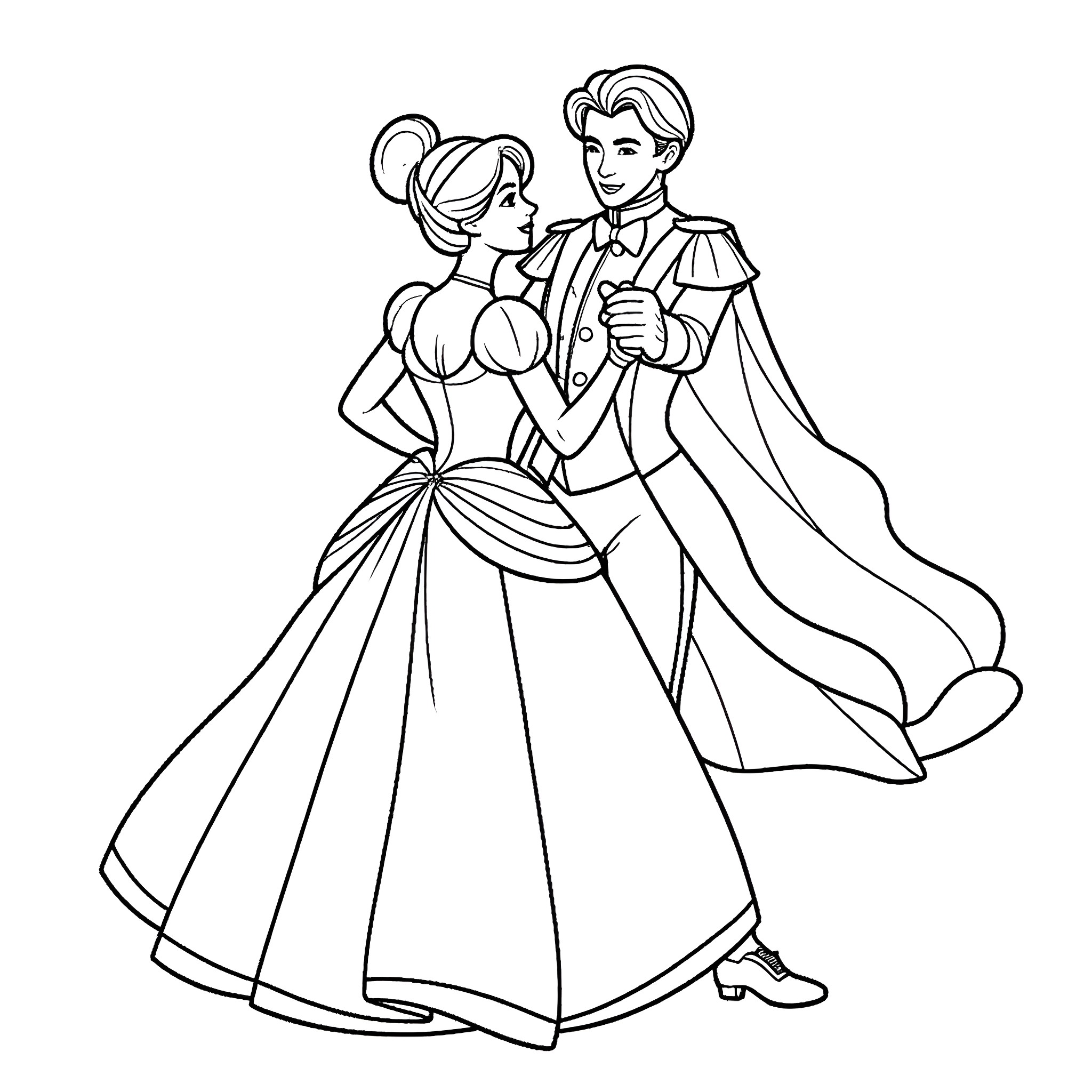 Cinderella and Prince Charming's Ballroom Dance Coloring Page (free black-and-white line drawing printable PDF for all, from beginners to advanced learners, including children, teens, adults, and seniors)