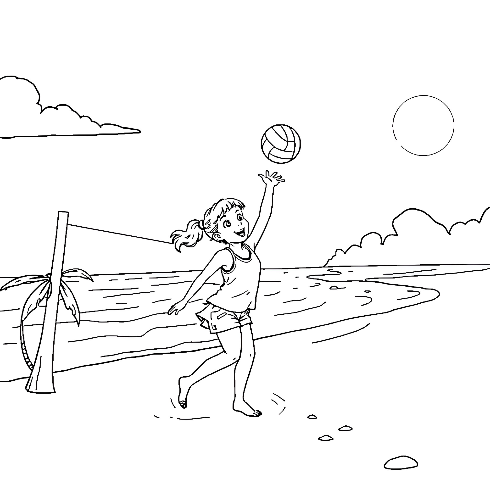 Girl playing volleyball on the beach Coloring Page (free black-and-white line drawing printable PDF for all, from beginners to advanced learners, including children, teens, adults, and seniors)