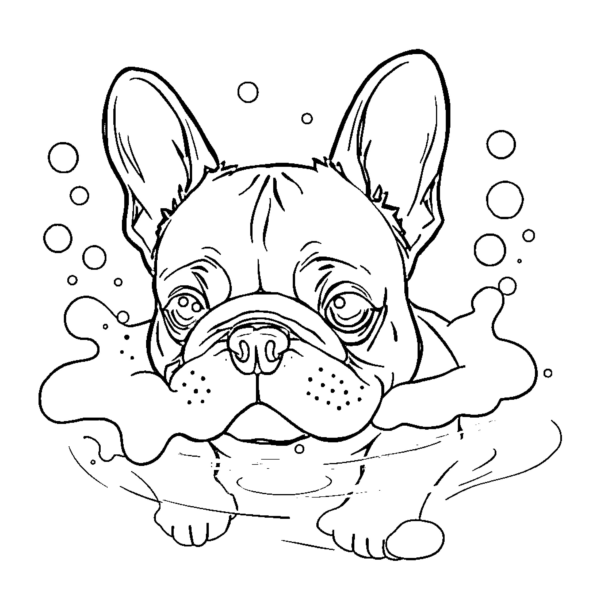 French Bulldog in Bubble Bath Coloring Page (free black-and-white line drawing printable PDF for all, from beginners to advanced learners, including children, teens, adults, and seniors)