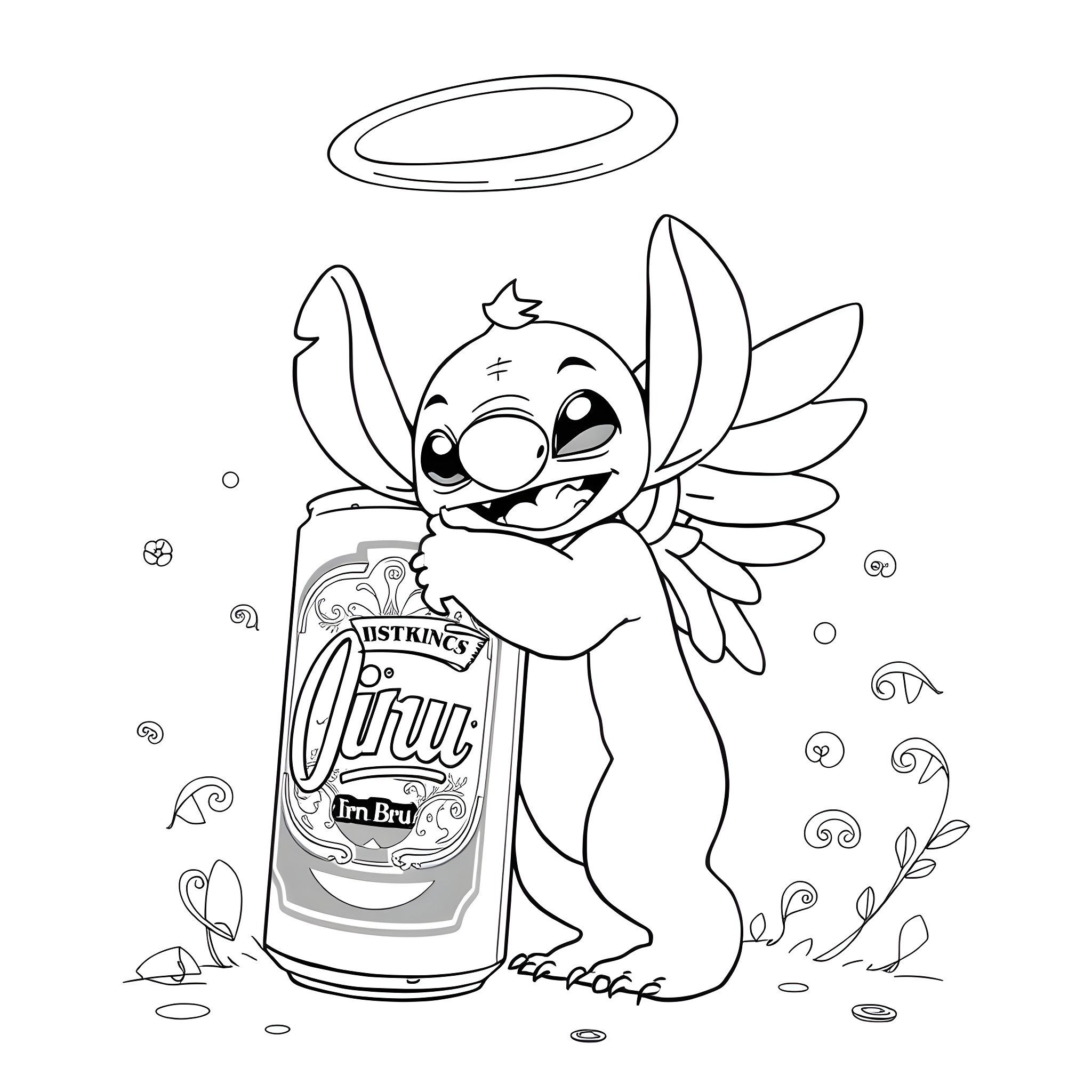 Angel Stitch holding a can of soda Coloring Page (free black-and-white line drawing printable PDF for all, from beginners to advanced learners, including children, teens, adults, and seniors)