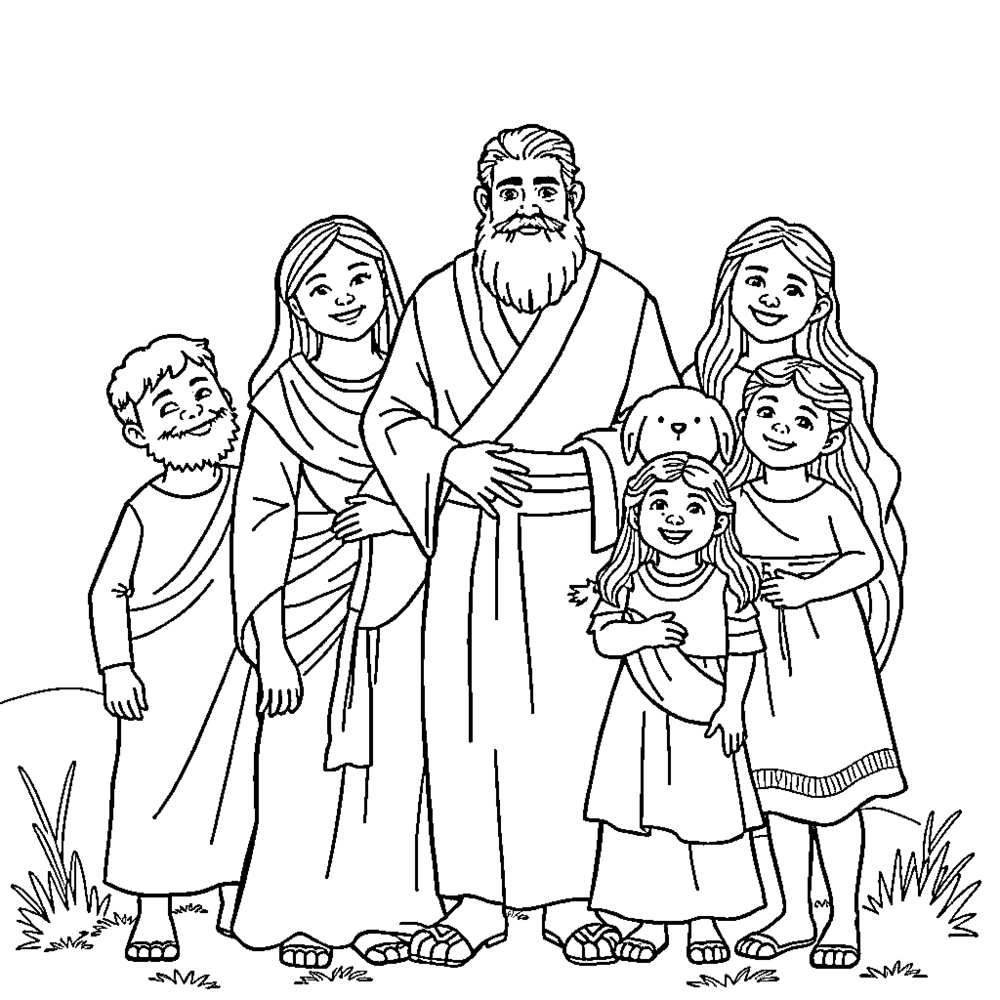 Noah and his family gathered in the outdoors Coloring Page (free black-and-white line drawing printable PDF for all, from beginners to advanced learners, including children, teens, adults, and seniors)