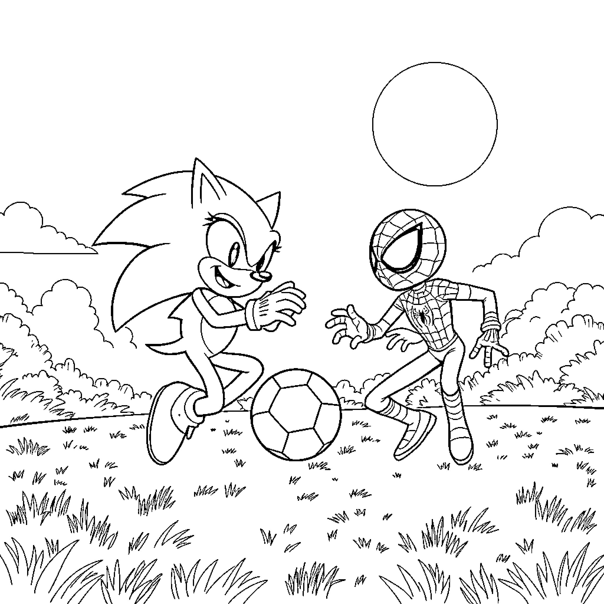 Sonic characters playing soccer together in a grassy field Coloring Page (free black-and-white line drawing printable PDF for all, from beginners to advanced learners, including children, teens, adults, and seniors)