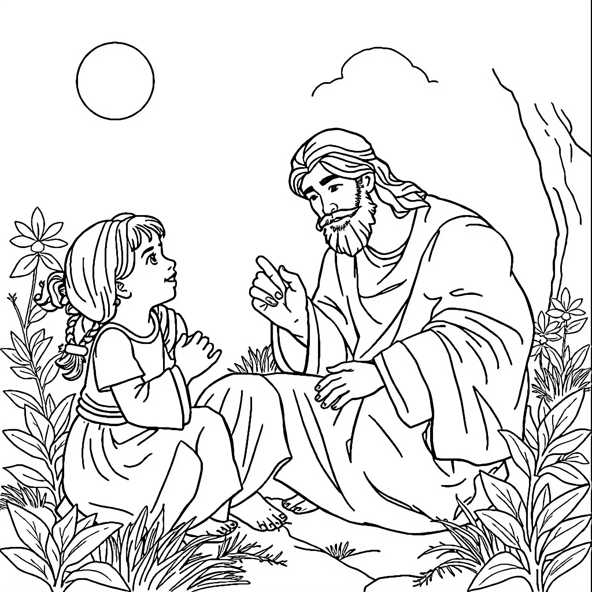 Jesus sharing wisdom with a young disciple Coloring Page (free black-and-white line drawing printable PDF for all, from beginners to advanced learners, including children, teens, adults, and seniors)