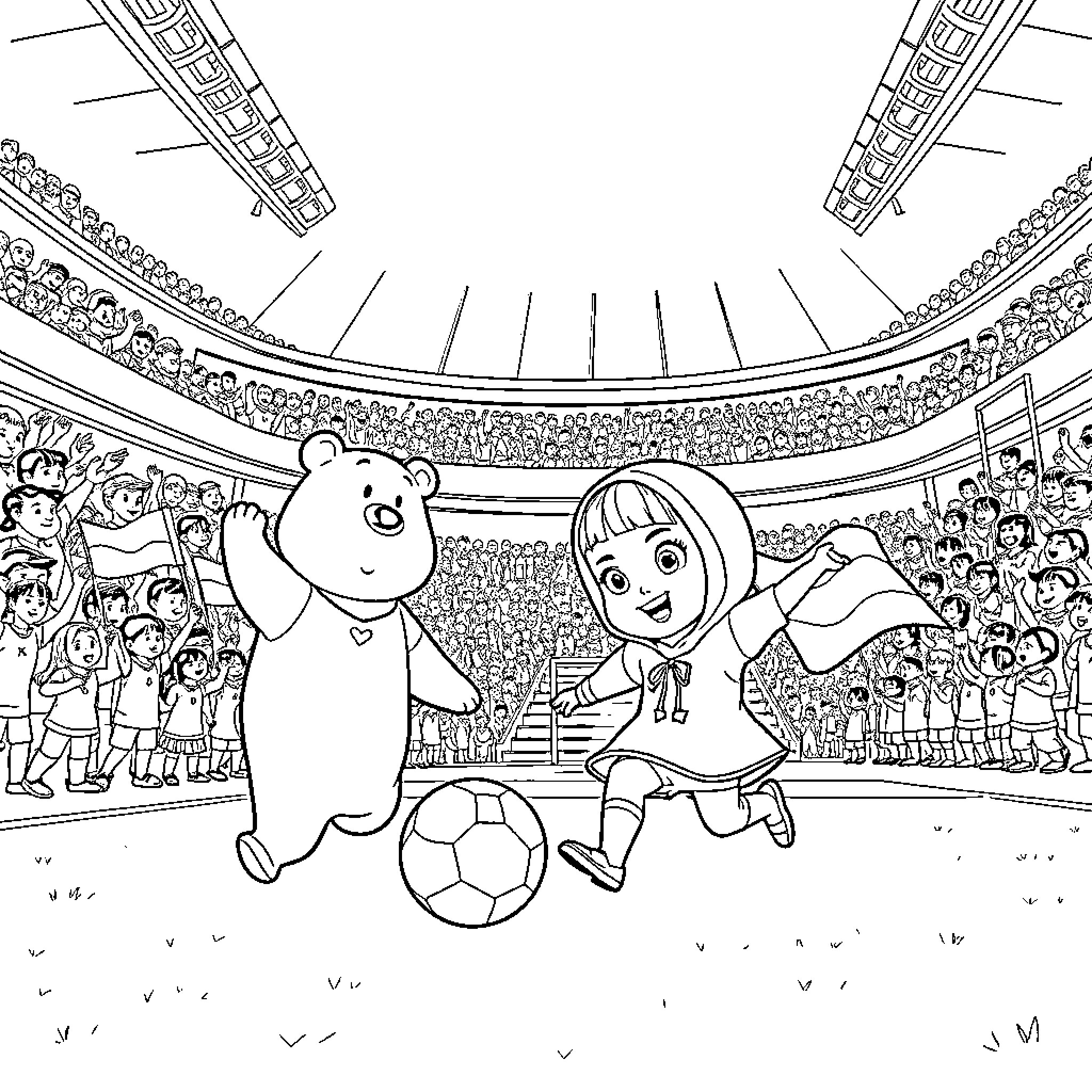 Masha and Bear playing soccer in stadium Coloring Page (free black-and-white line drawing printable PDF for all, from beginners to advanced learners, including children, teens, adults, and seniors)