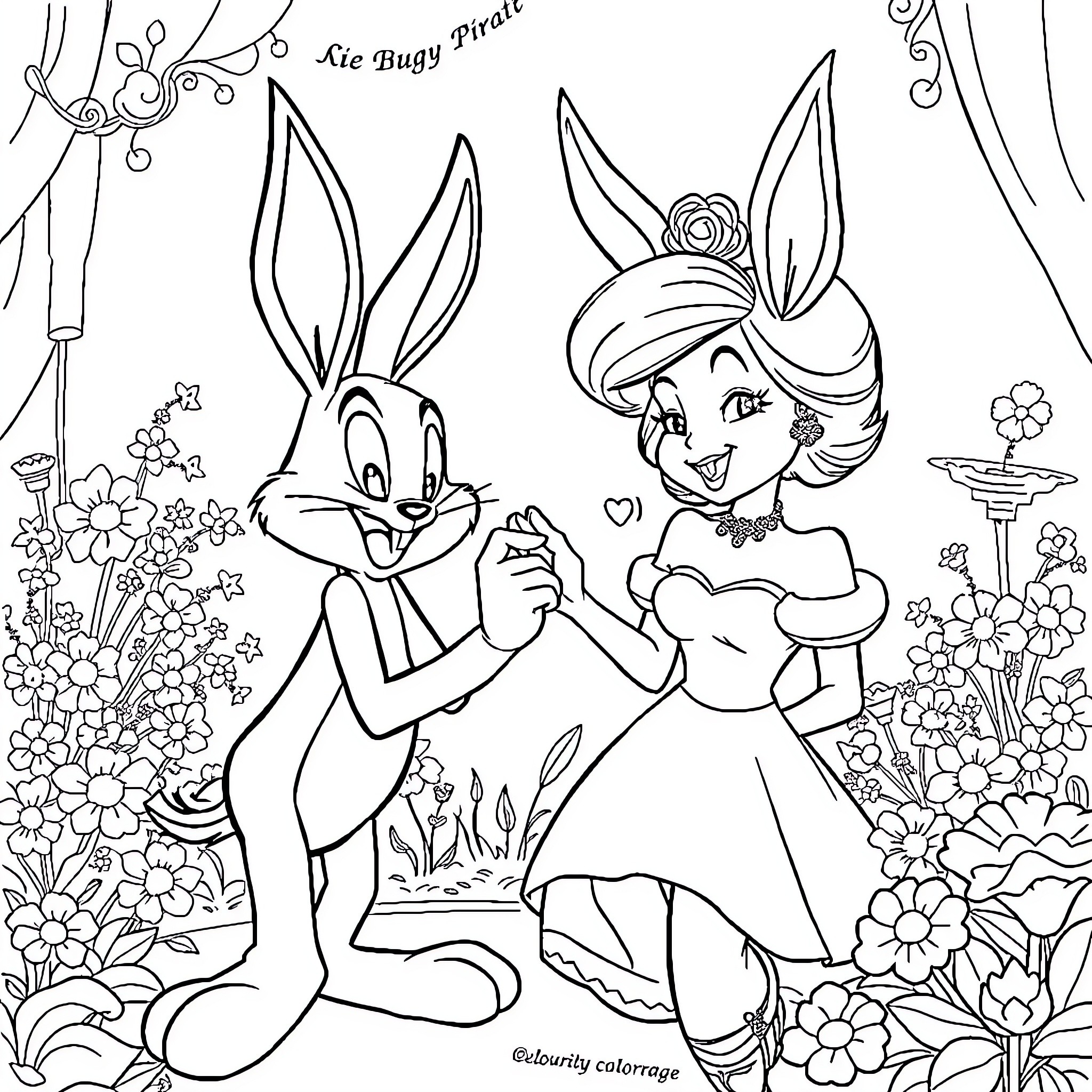 Bugs Bunny and pirate girl in a floral garden Coloring Page (free black-and-white line drawing printable PDF for all, from beginners to advanced learners, including children, teens, adults, and seniors)