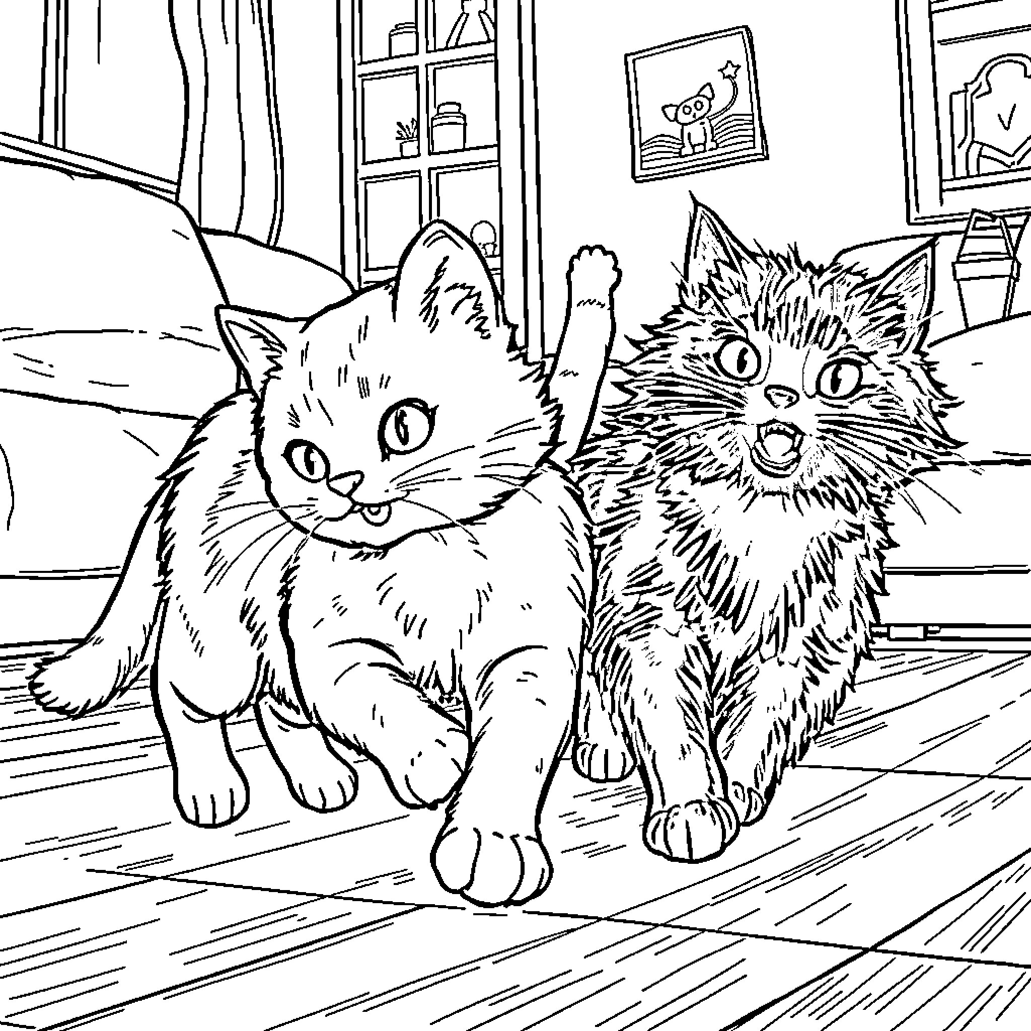 Cat Companions Playing in the Home Coloring Page (free black-and-white line drawing printable PDF for all, from beginners to advanced learners, including children, teens, adults, and seniors)