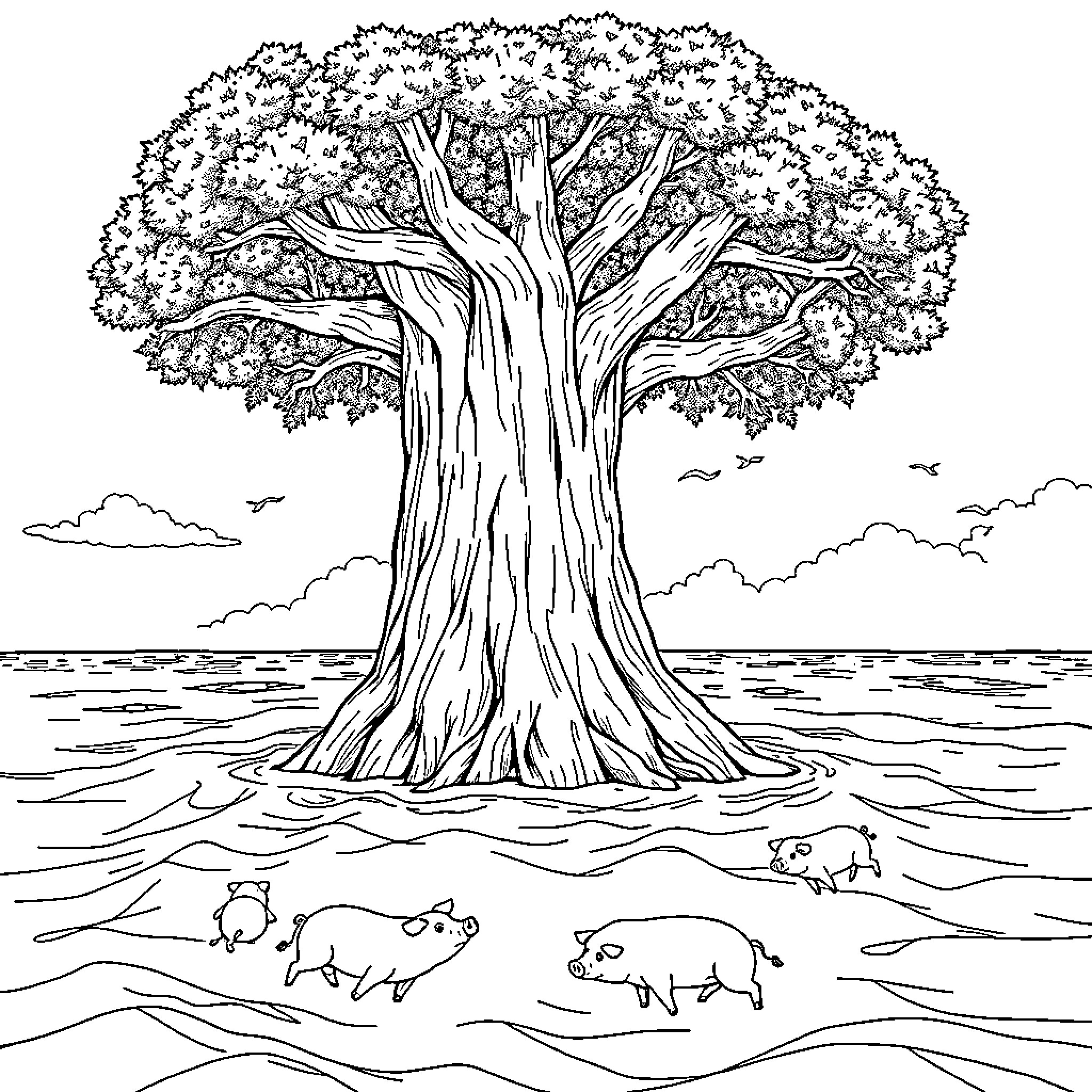 Tree with animals in a landscape Coloring Page (free black-and-white line drawing printable PDF for all, from beginners to advanced learners, including children, teens, adults, and seniors)