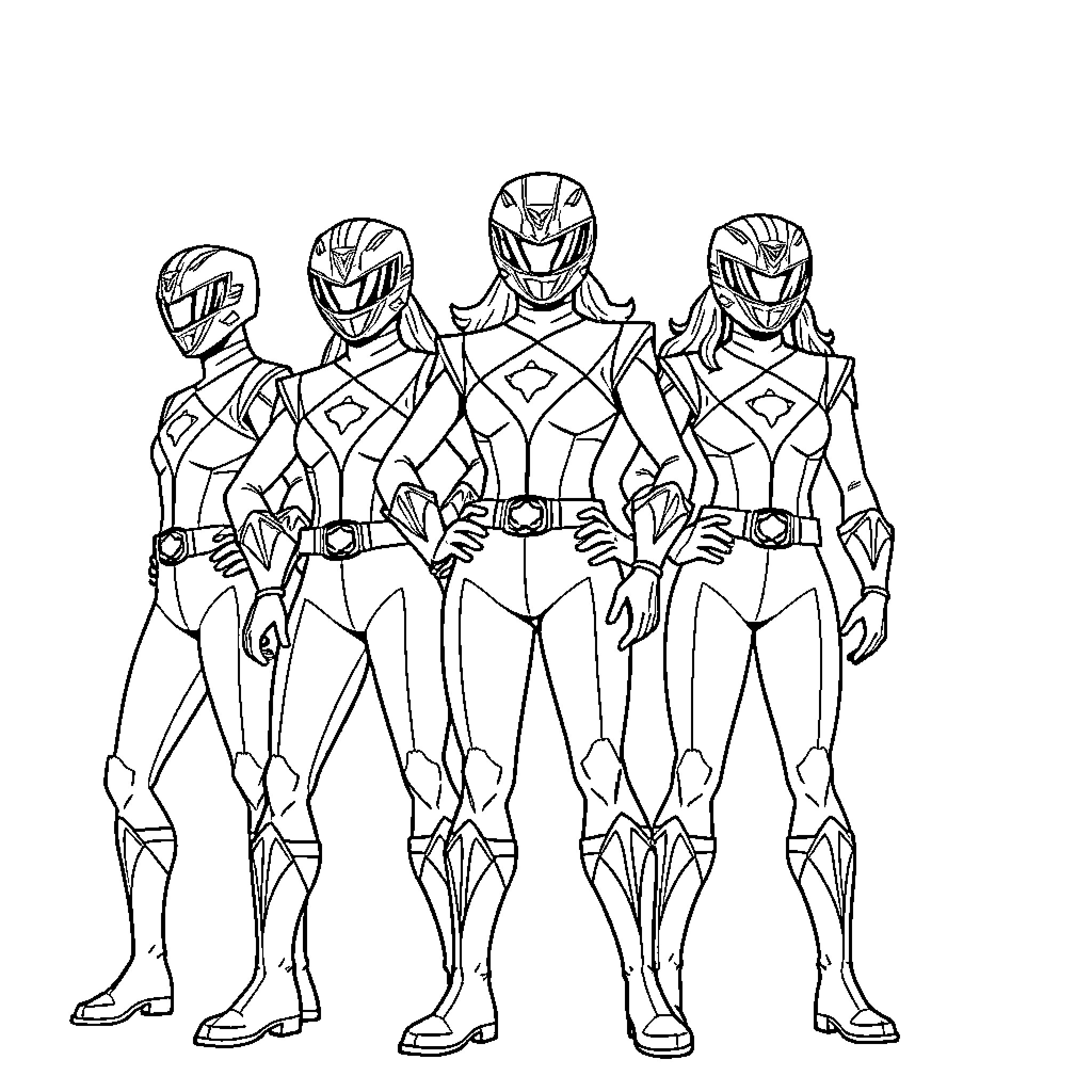 Power Ranger Team Poses with Heroic Stances Coloring Page (free black-and-white line drawing printable PDF for all, from beginners to advanced learners, including children, teens, adults, and seniors)