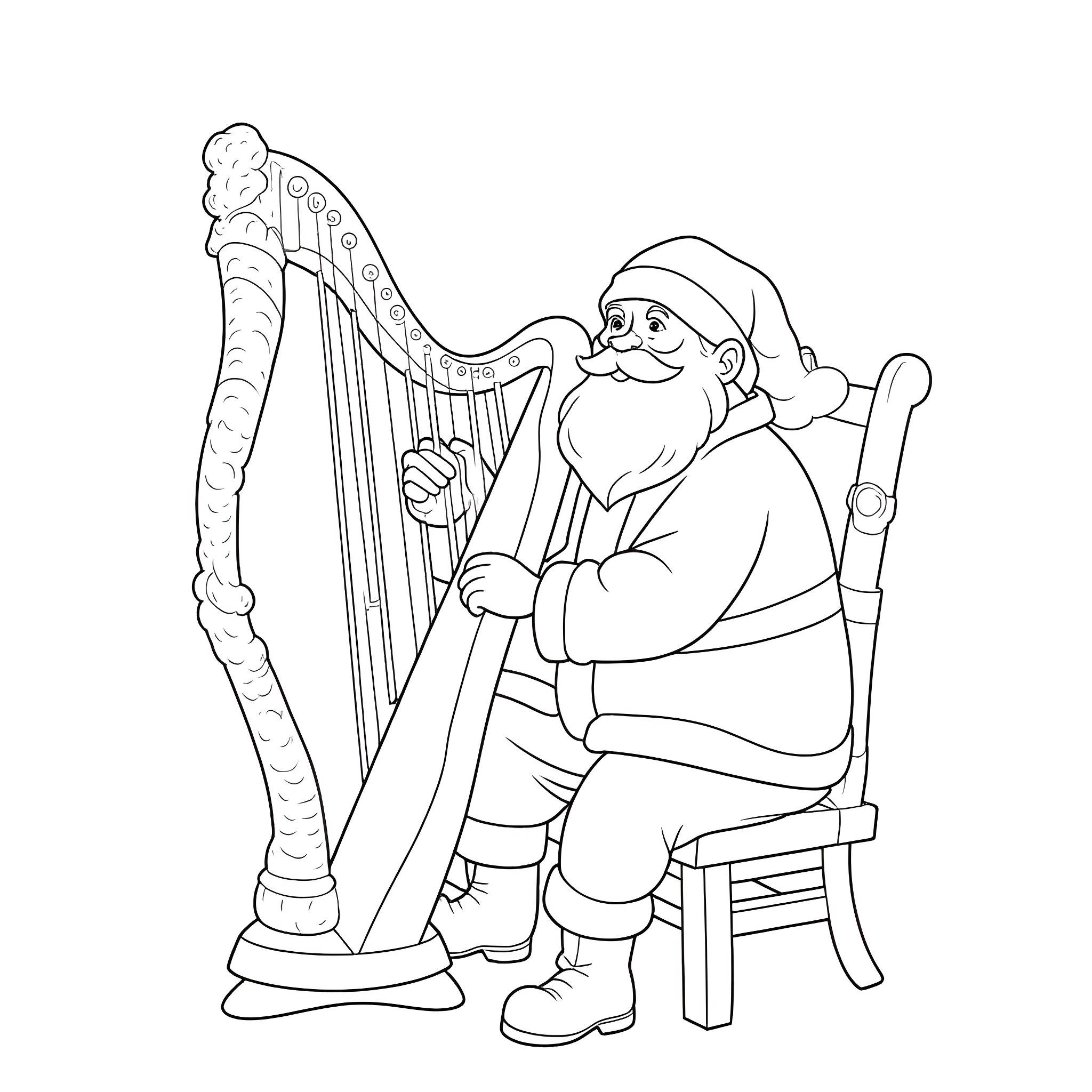 Santa Playing a Harp Coloring Page (free black-and-white line drawing printable PDF for all, from beginners to advanced learners, including children, teens, adults, and seniors)