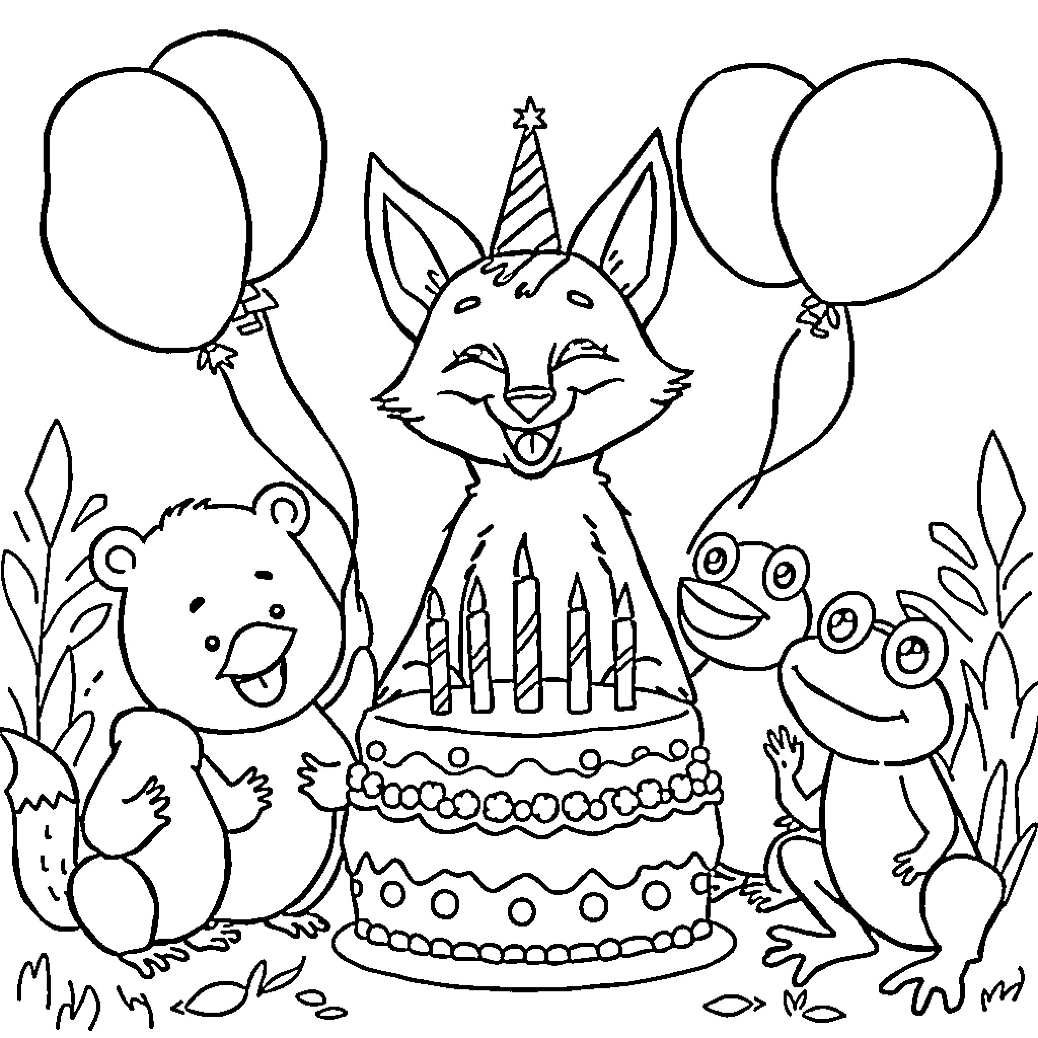 Fox celebrates birthday with animal friends Coloring Page (free black-and-white line drawing printable PDF for all, from beginners to advanced learners, including children, teens, adults, and seniors)