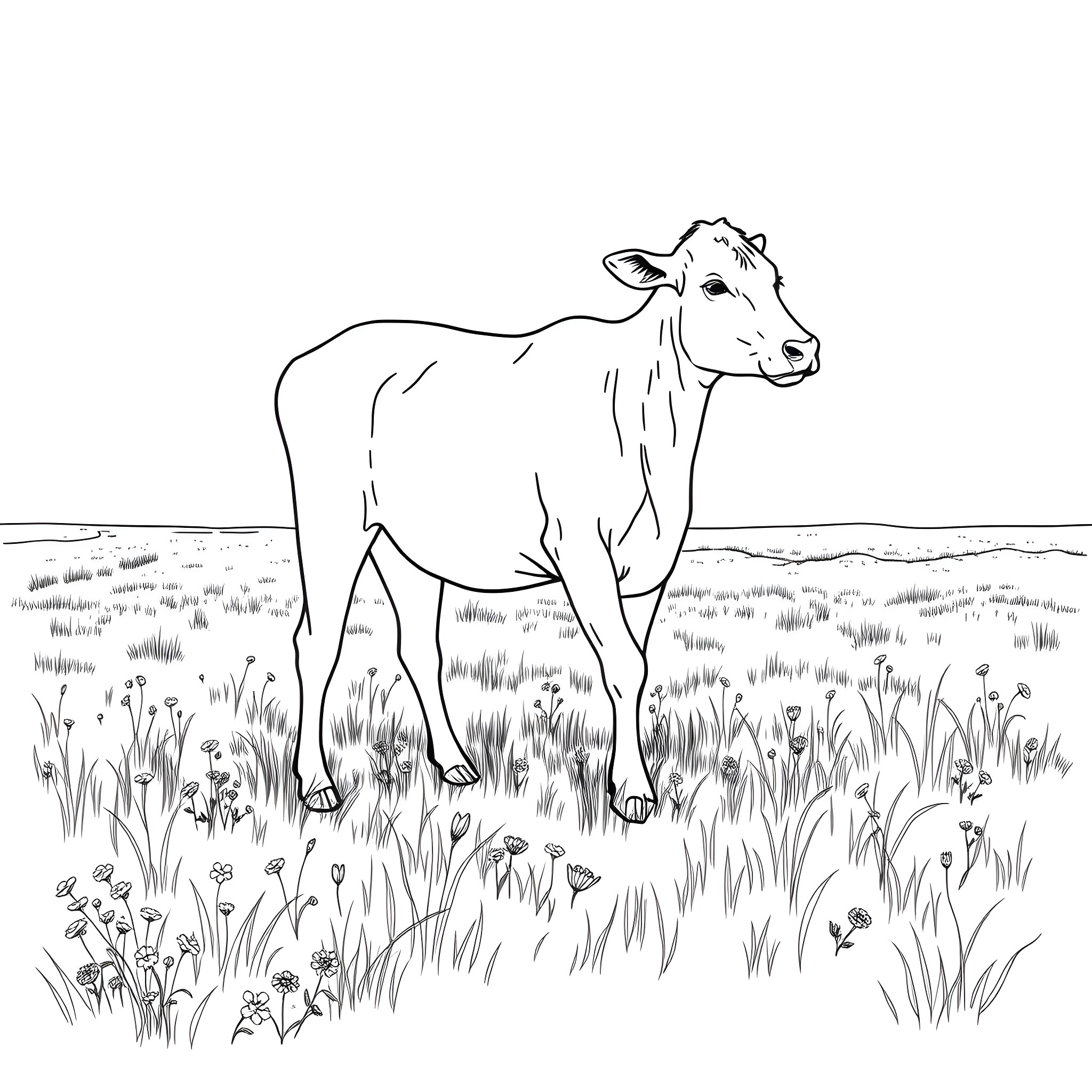 Calf standing in a field of flowers Coloring Page (free black-and-white line drawing printable PDF for all, from beginners to advanced learners, including children, teens, adults, and seniors)