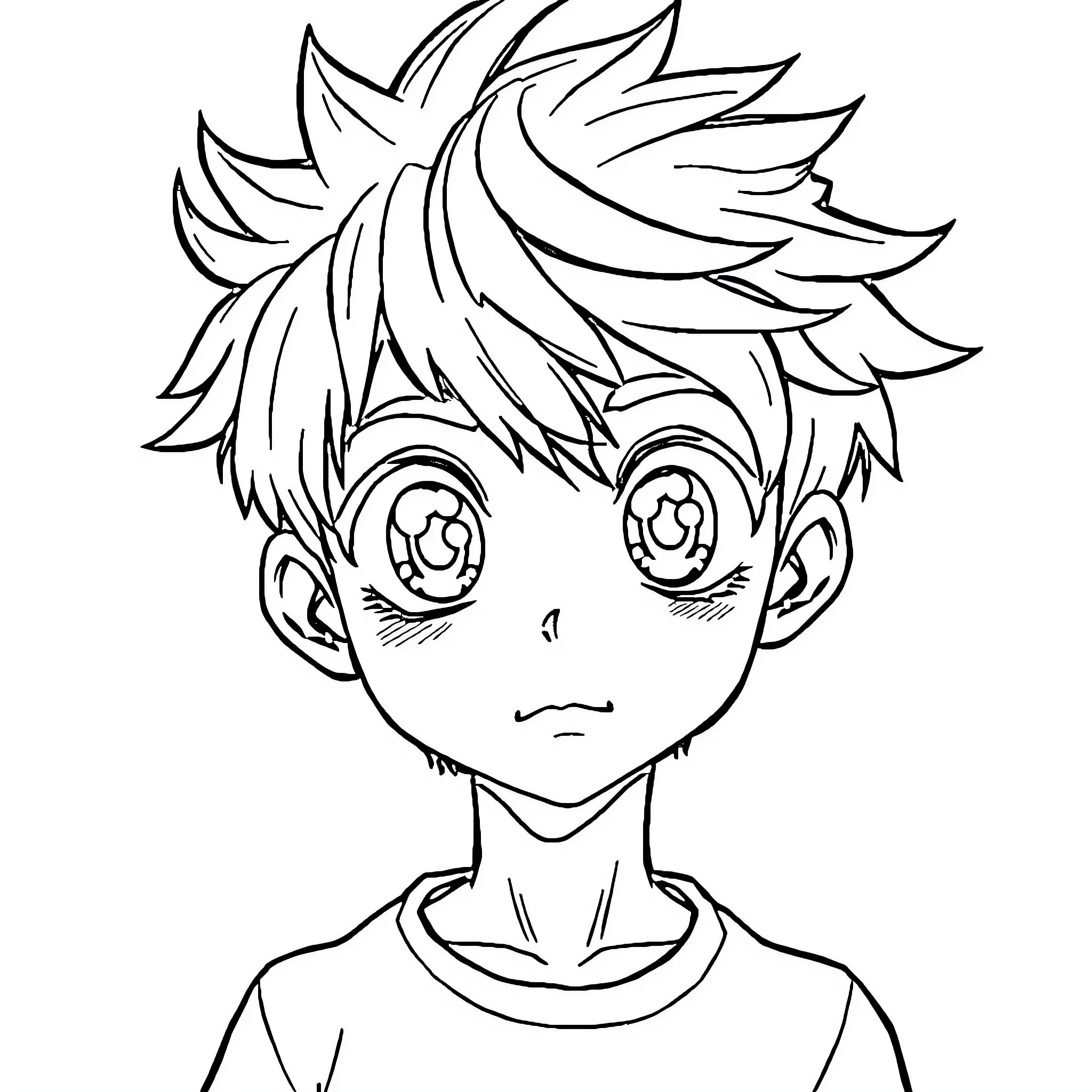 Anime Boy with Expressive Face and Messy Hair Coloring Page (free black-and-white line drawing printable PDF for all, from beginners to advanced learners, including children, teens, adults, and seniors)