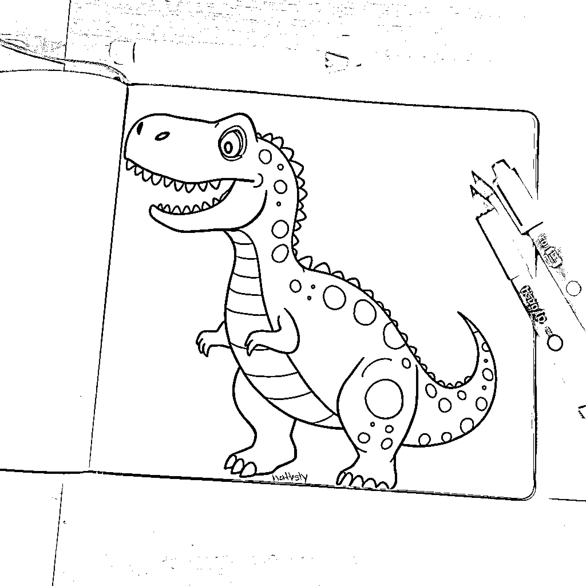 Dinosaur happily playing in the drawing Coloring Page (free black-and-white line drawing printable PDF for all, from beginners to advanced learners, including children, teens, adults, and seniors)