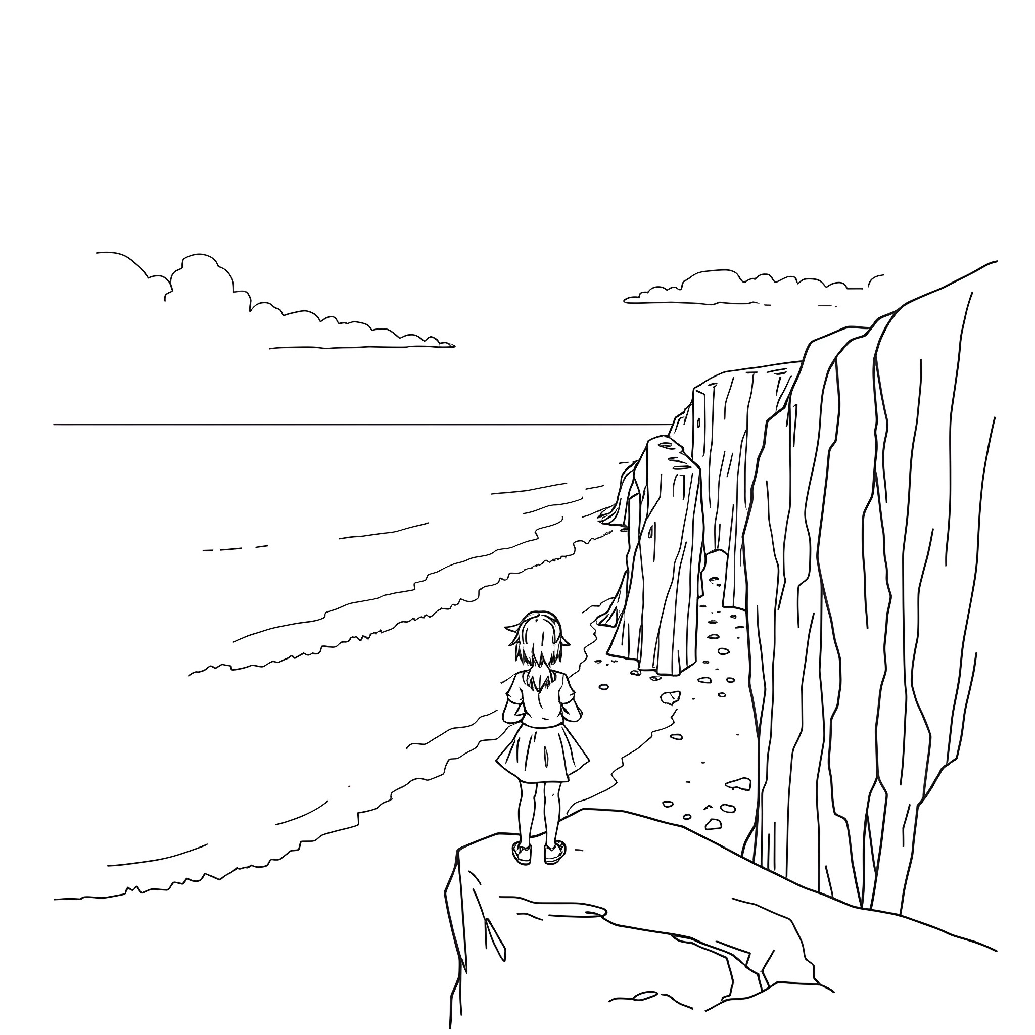 Rinoa standing alone at the edge of a cliff Coloring Page (free black-and-white line drawing printable PDF for all, from beginners to advanced learners, including children, teens, adults, and seniors)