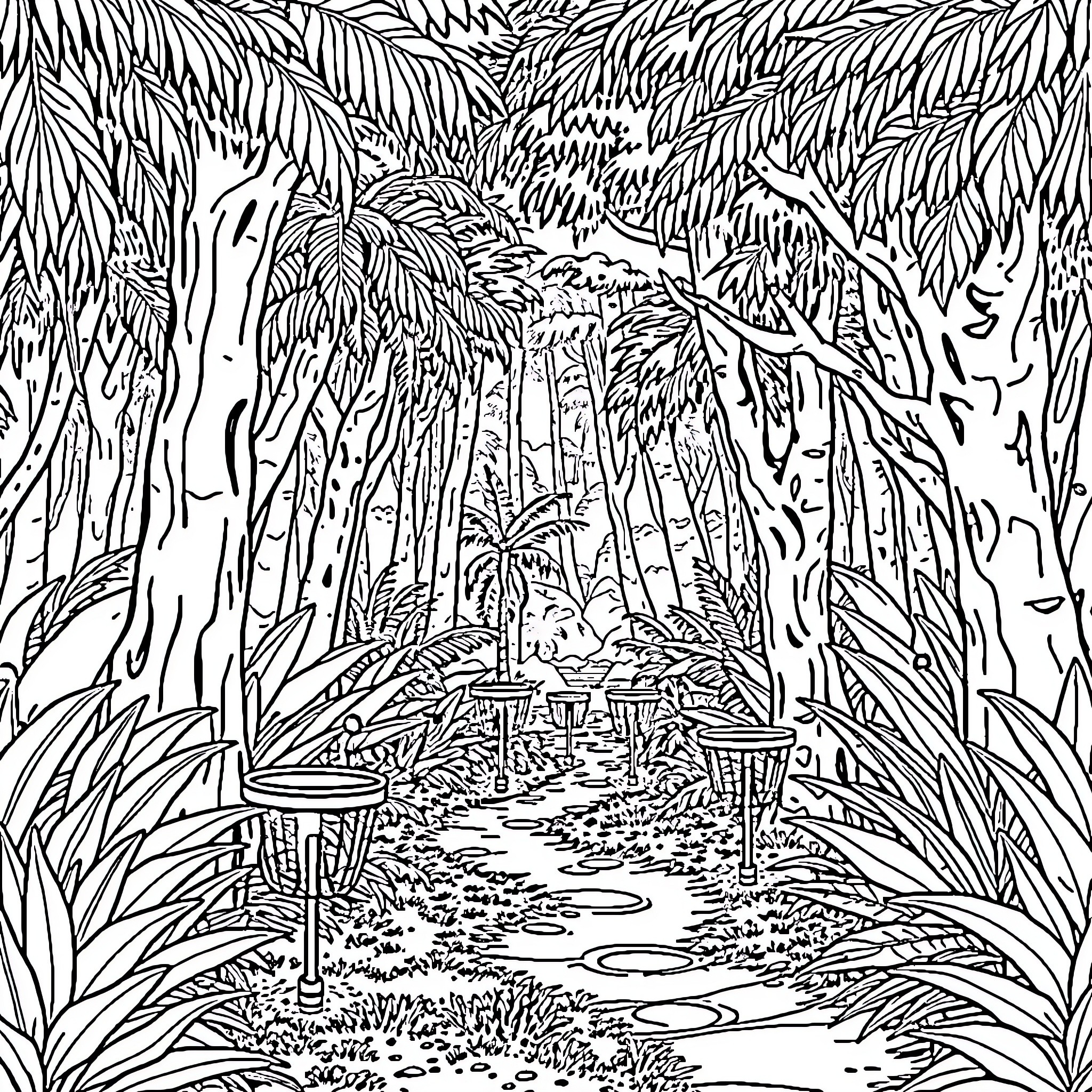 Disc Golf Adventure in Lush Jungle Landscape Coloring Page (free black-and-white line drawing printable PDF for all, from beginners to advanced learners, including children, teens, adults, and seniors)