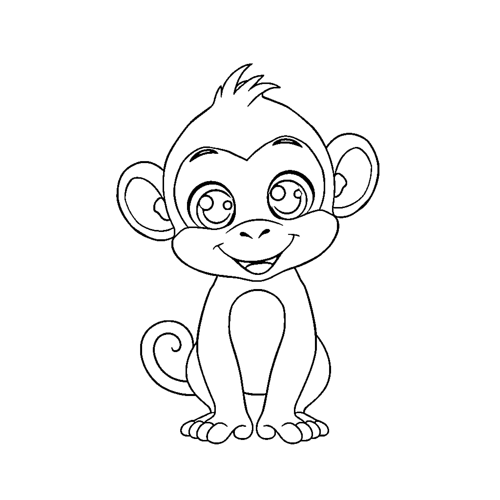 Monkey smiling cheerfully in a simple sketch Coloring Page (free black-and-white line drawing printable PDF for all, from beginners to advanced learners, including children, teens, adults, and seniors)