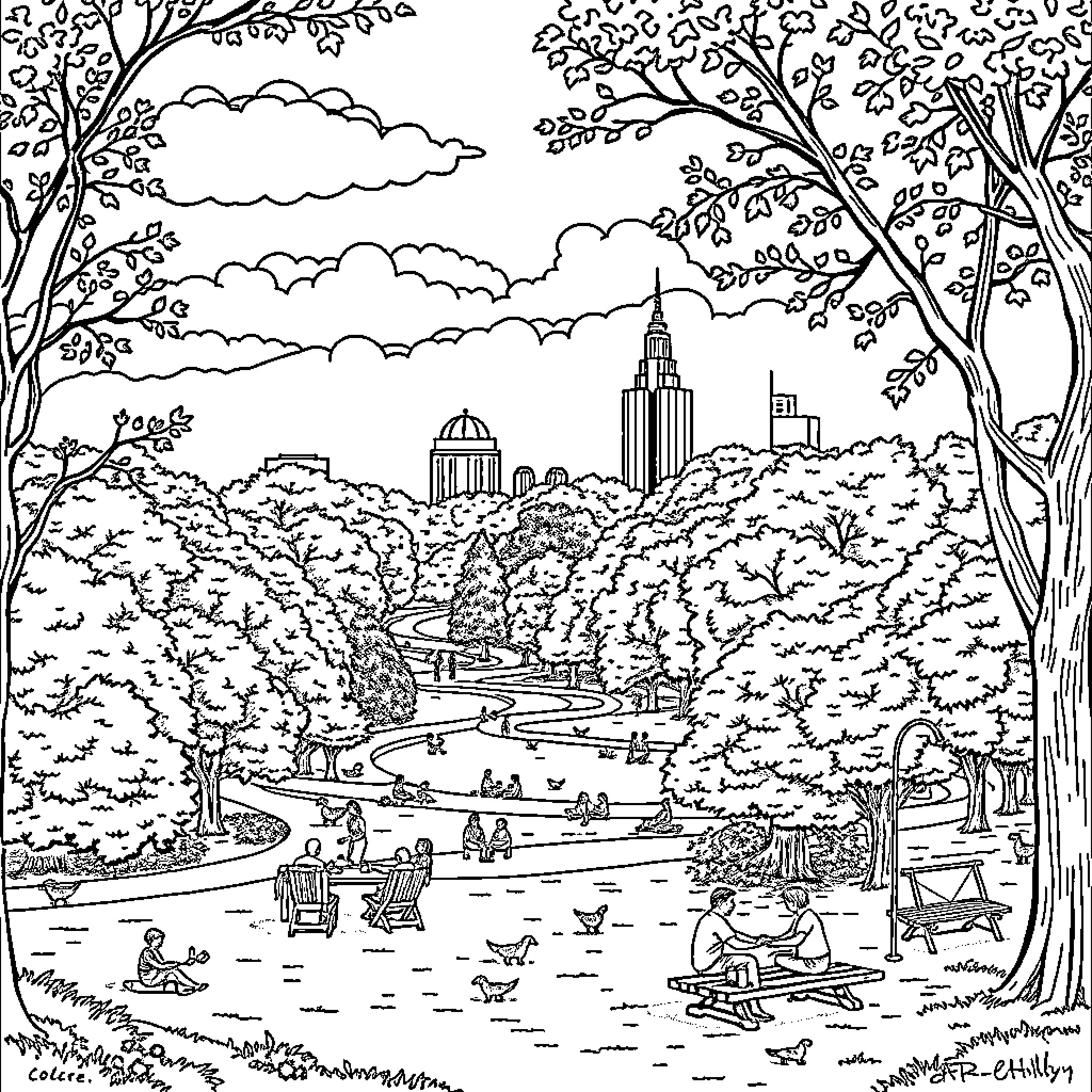 Park scene with people enjoying outdoor activities Coloring Page (free black-and-white line drawing printable PDF for all, from beginners to advanced learners, including children, teens, adults, and seniors)