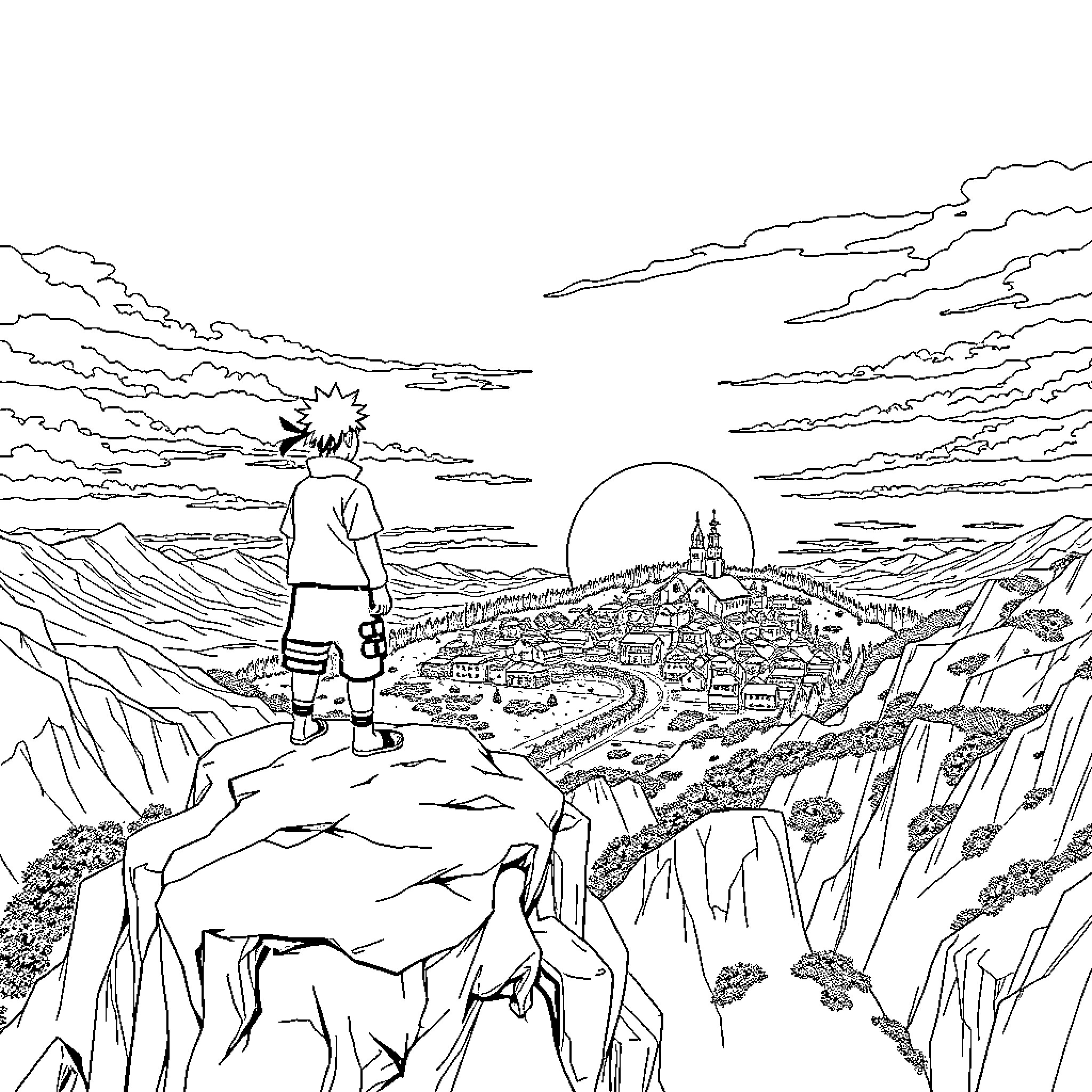 Naruto overlooking the Hidden Leaf Village landscape Coloring Page (free black-and-white line drawing printable PDF for all, from beginners to advanced learners, including children, teens, adults, and seniors)