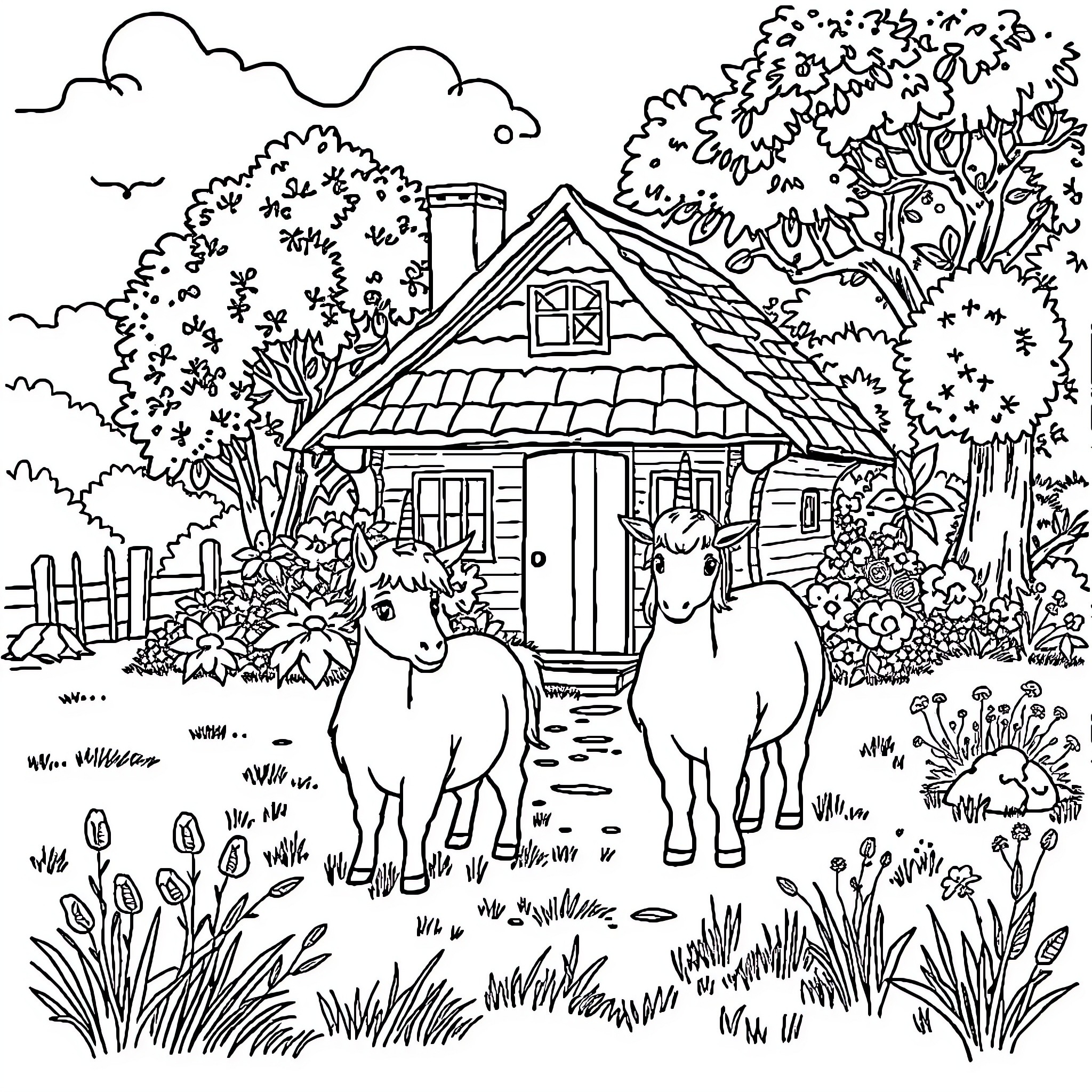 Ane's Cozy Farmhouse Retreat with Friendly Horses Coloring Page (free black-and-white line drawing printable PDF for all, from beginners to advanced learners, including children, teens, adults, and seniors)