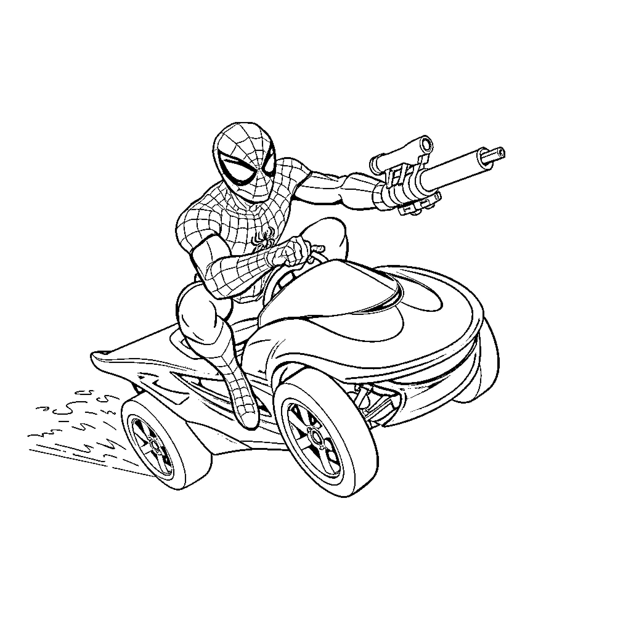 Spiderman riding a futuristic vehicle Coloring Page (free black-and-white line drawing printable PDF for all, from beginners to advanced learners, including children, teens, adults, and seniors)