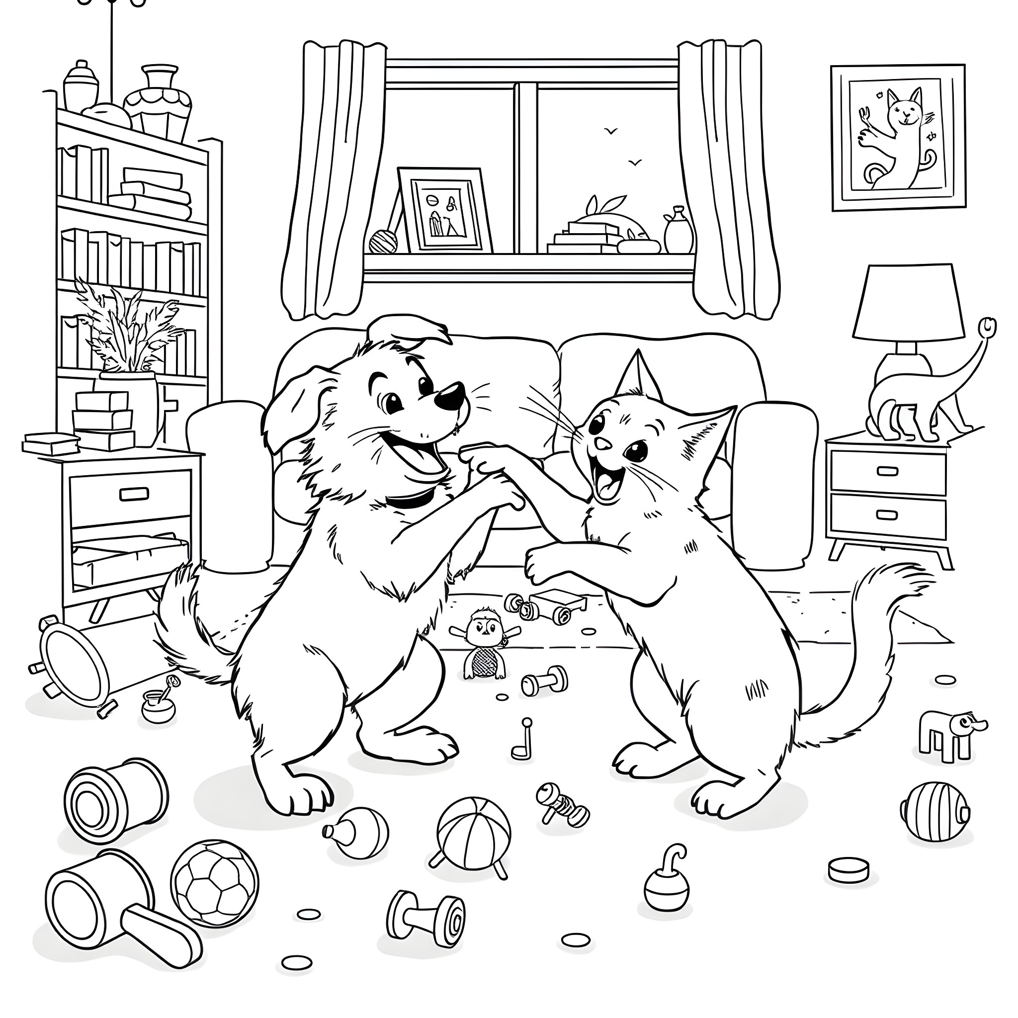 Dogs playing with toys in the living room Coloring Page (free black-and-white line drawing printable PDF for all, from beginners to advanced learners, including children, teens, adults, and seniors)