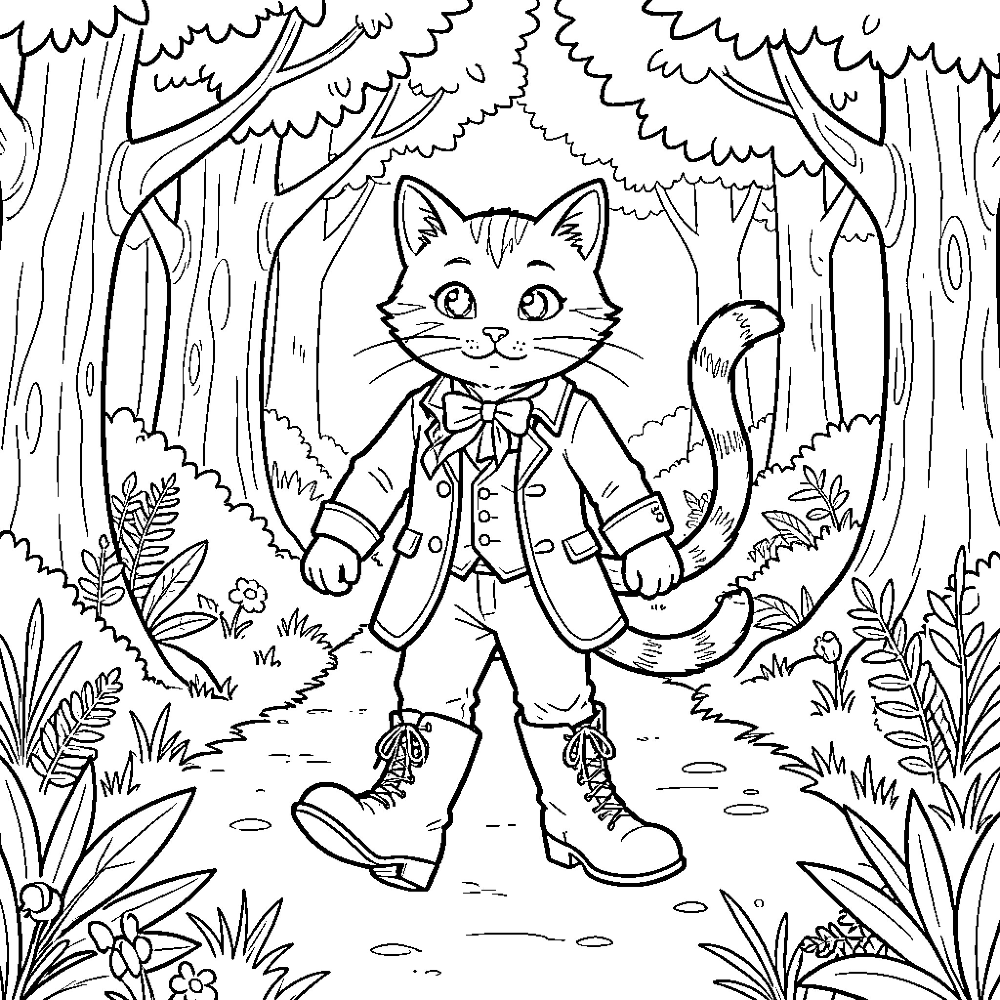 Puss walking through a forest wearing a suit Coloring Page (free black-and-white line drawing printable PDF for all, from beginners to advanced learners, including children, teens, adults, and seniors)