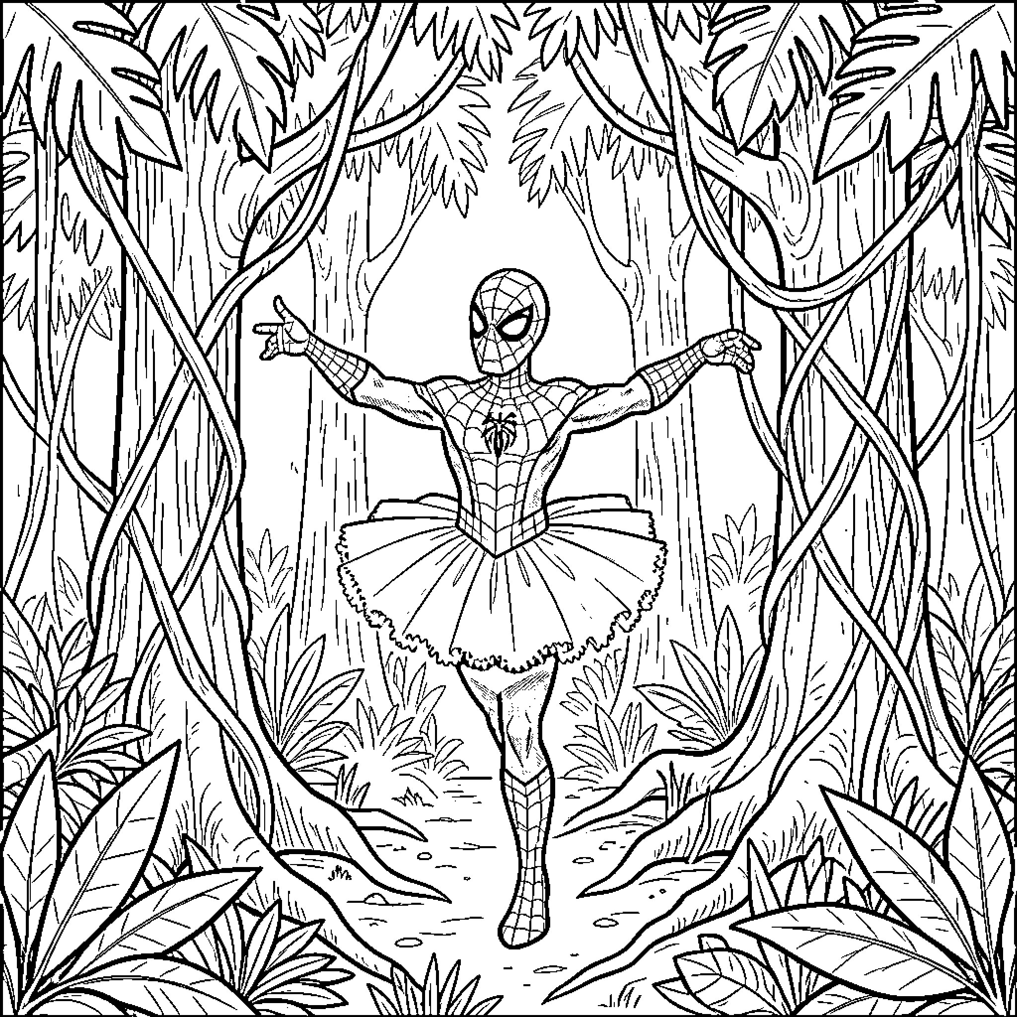 Spiderman wearing a tutu dancing in a jungle Coloring Page (free black-and-white line drawing printable PDF for all, from beginners to advanced learners, including children, teens, adults, and seniors)