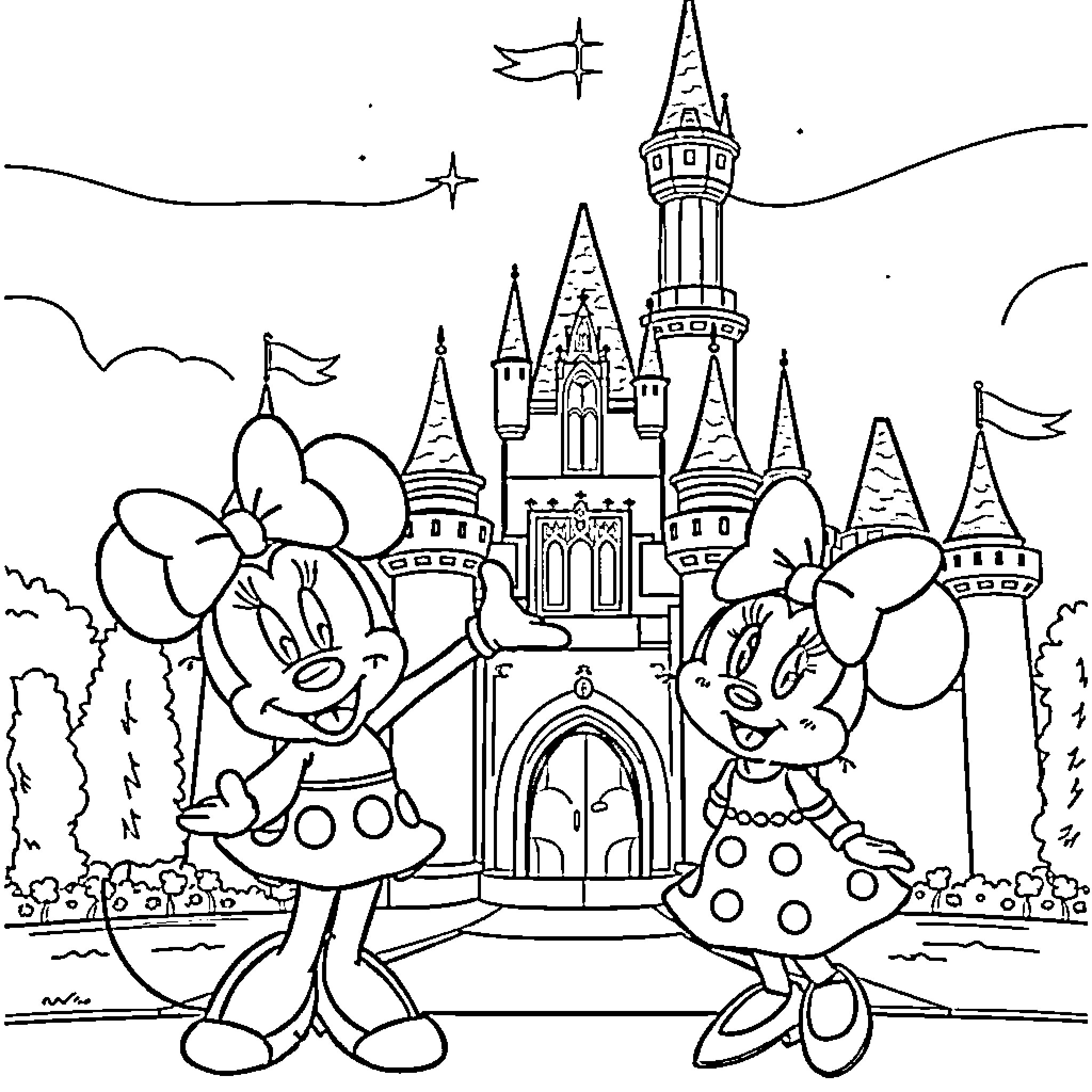 Minnie Mouse and Daisy Duck exploring Disney castle Coloring Page (free black-and-white line drawing printable PDF for all, from beginners to advanced learners, including children, teens, adults, and seniors)