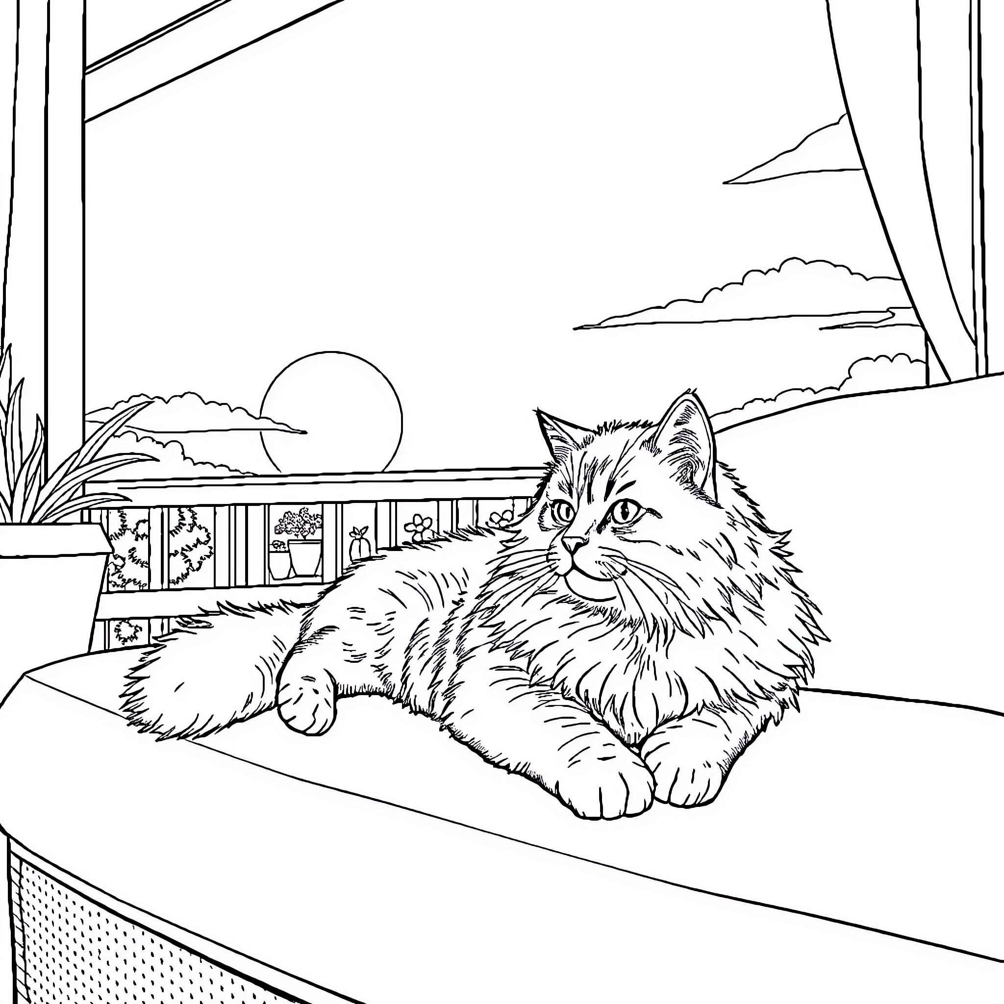 Cat relaxing on windowsill at sunset Coloring Page (free black-and-white line drawing printable PDF for all, from beginners to advanced learners, including children, teens, adults, and seniors)